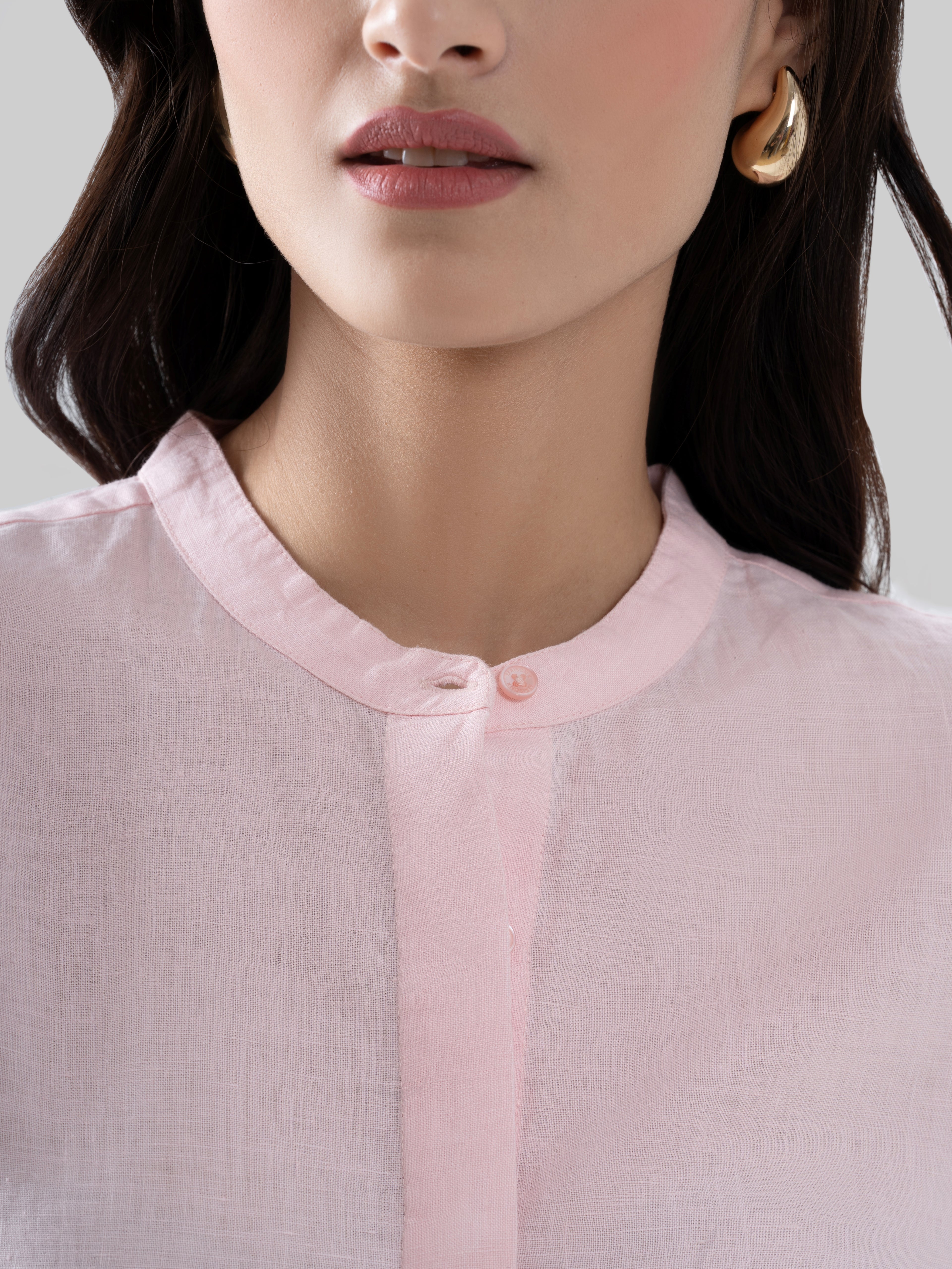 100% European Linen Mandarin Collar 3/4th Sleeve Shirt - Light Pink