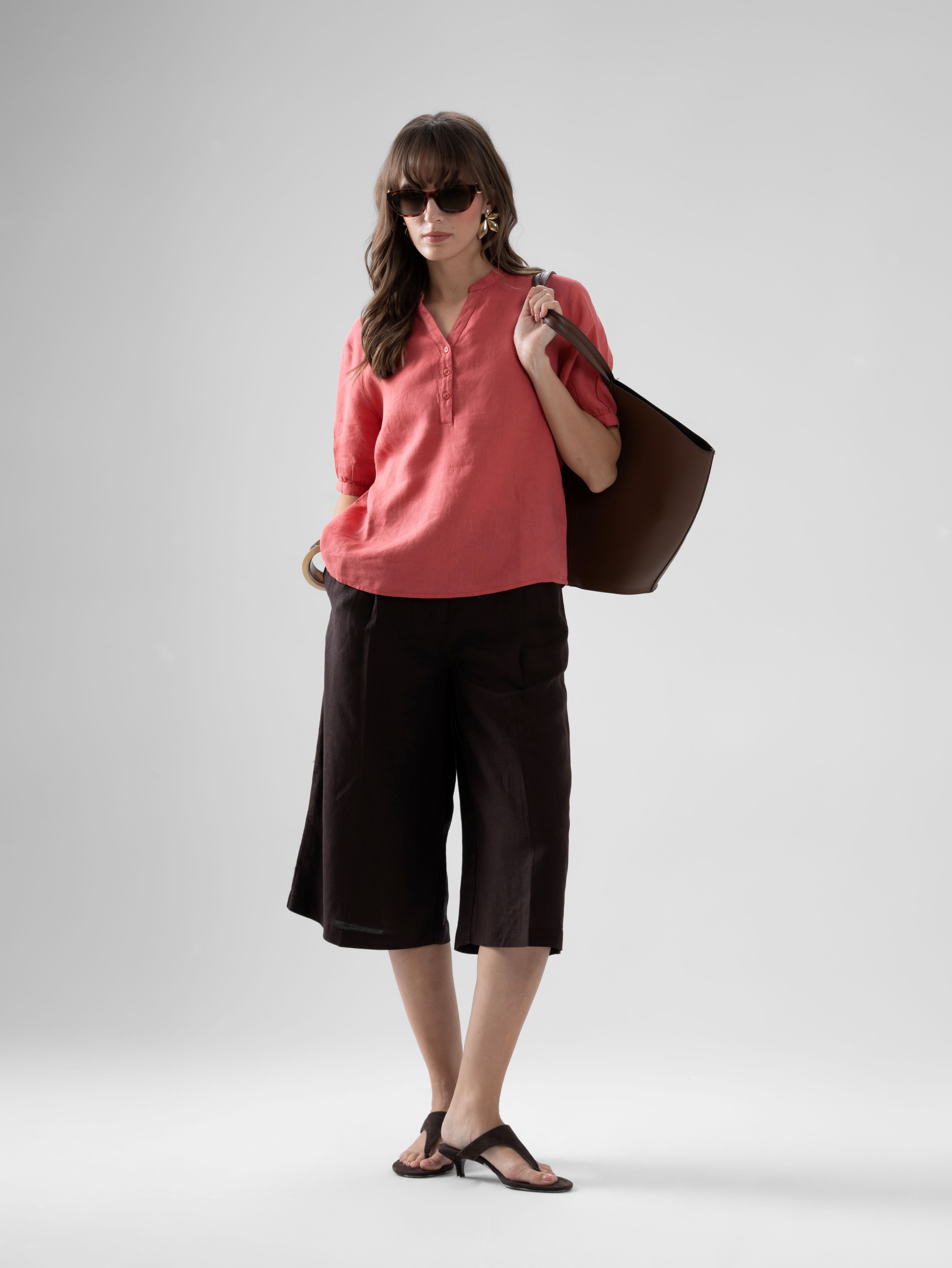 100% European Linen Peasant Blouse - Coral