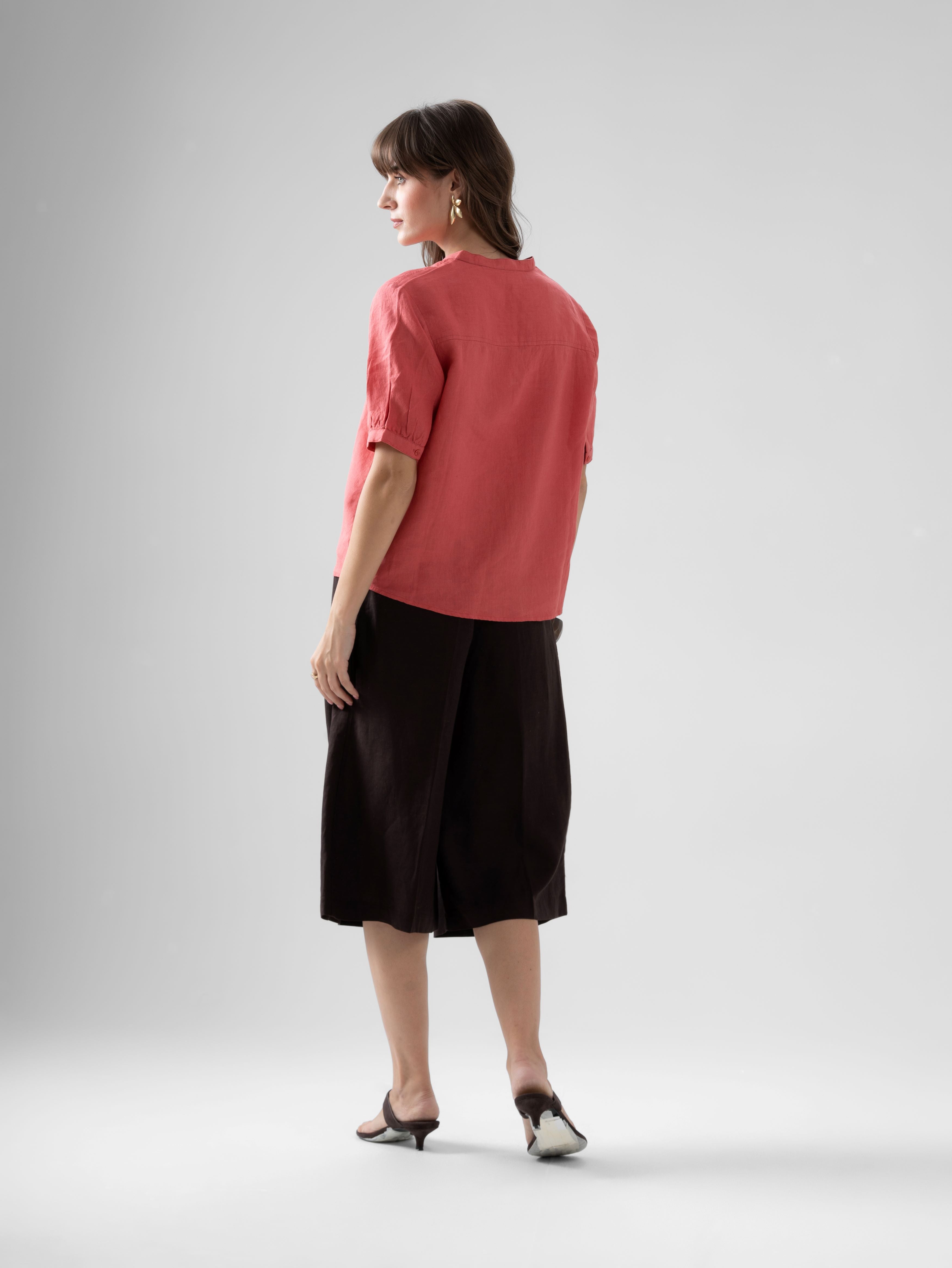100% European Linen Peasant Blouse - Coral