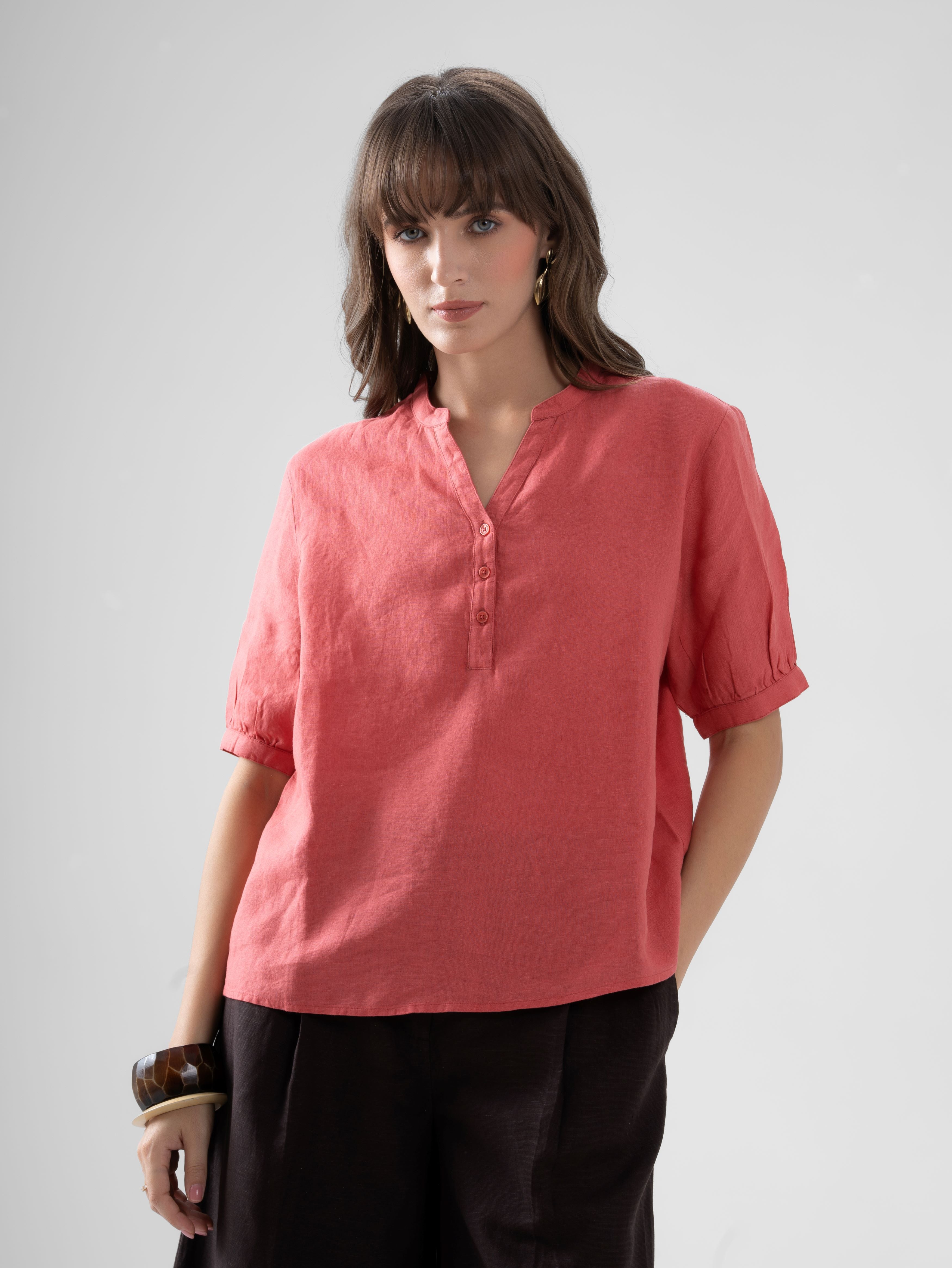 100% European Linen Peasant Blouse - Coral