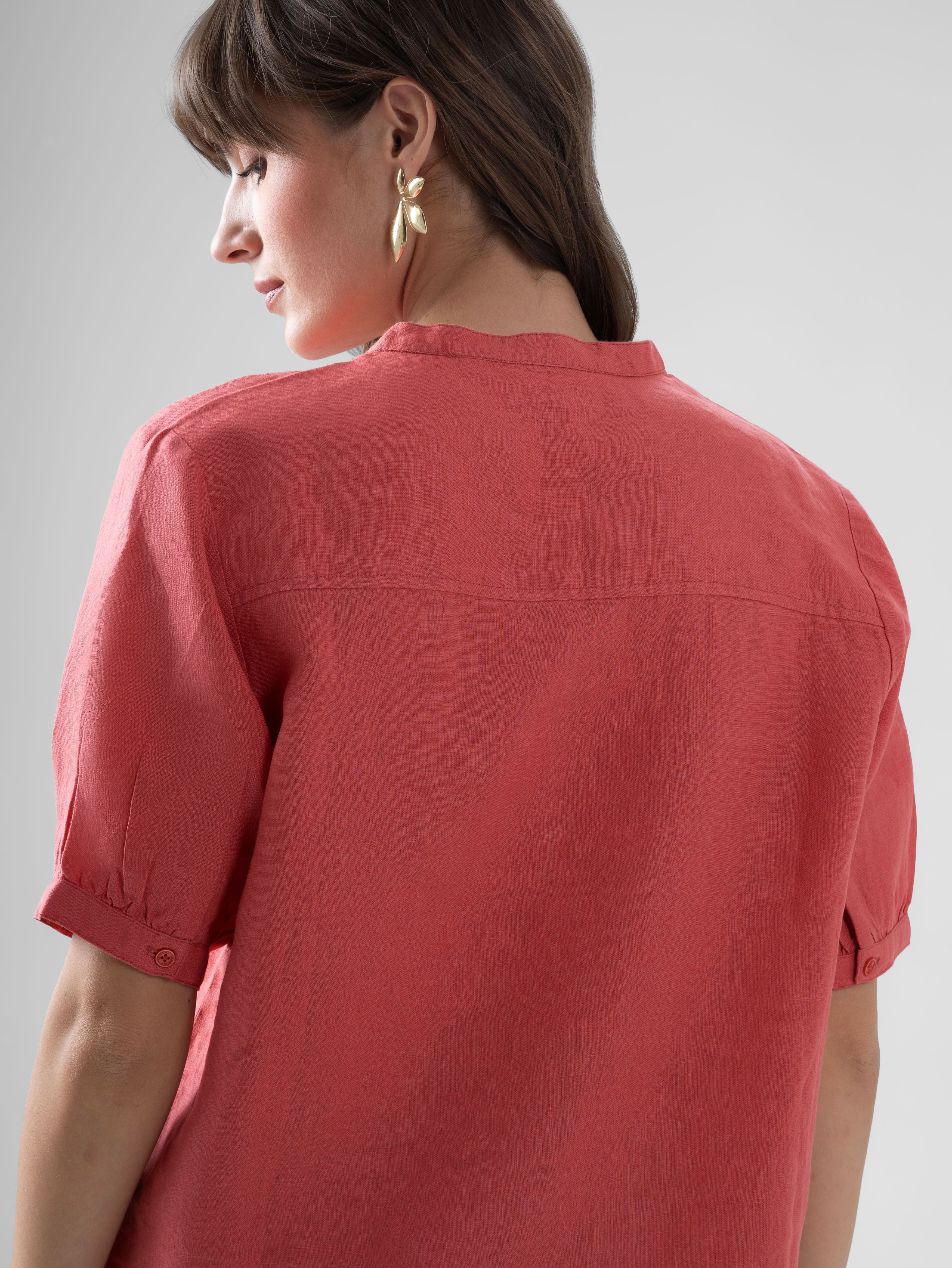 100% European Linen Peasant Blouse - Coral