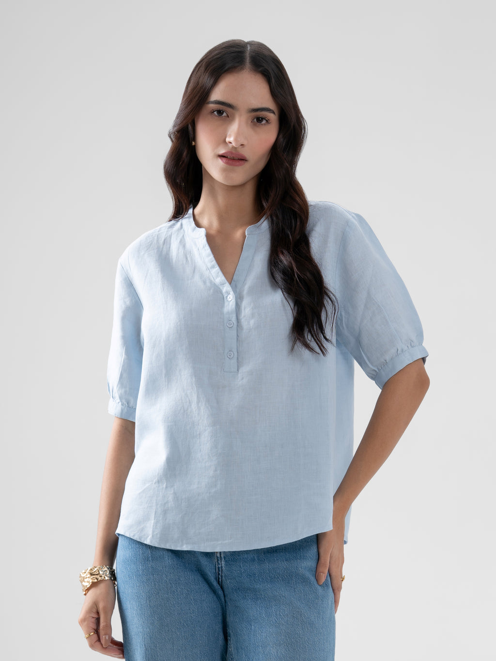 100% European Linen Peasant Blouse - Powder Blue