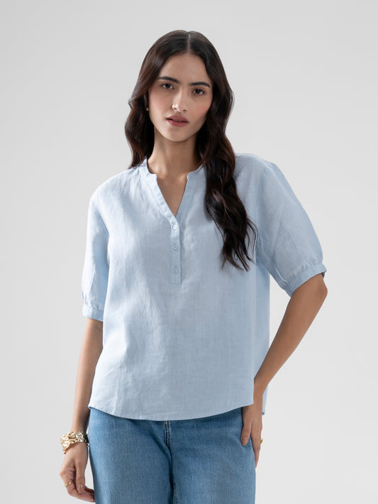 100% European Linen Peasant Blouse - Powder Blue