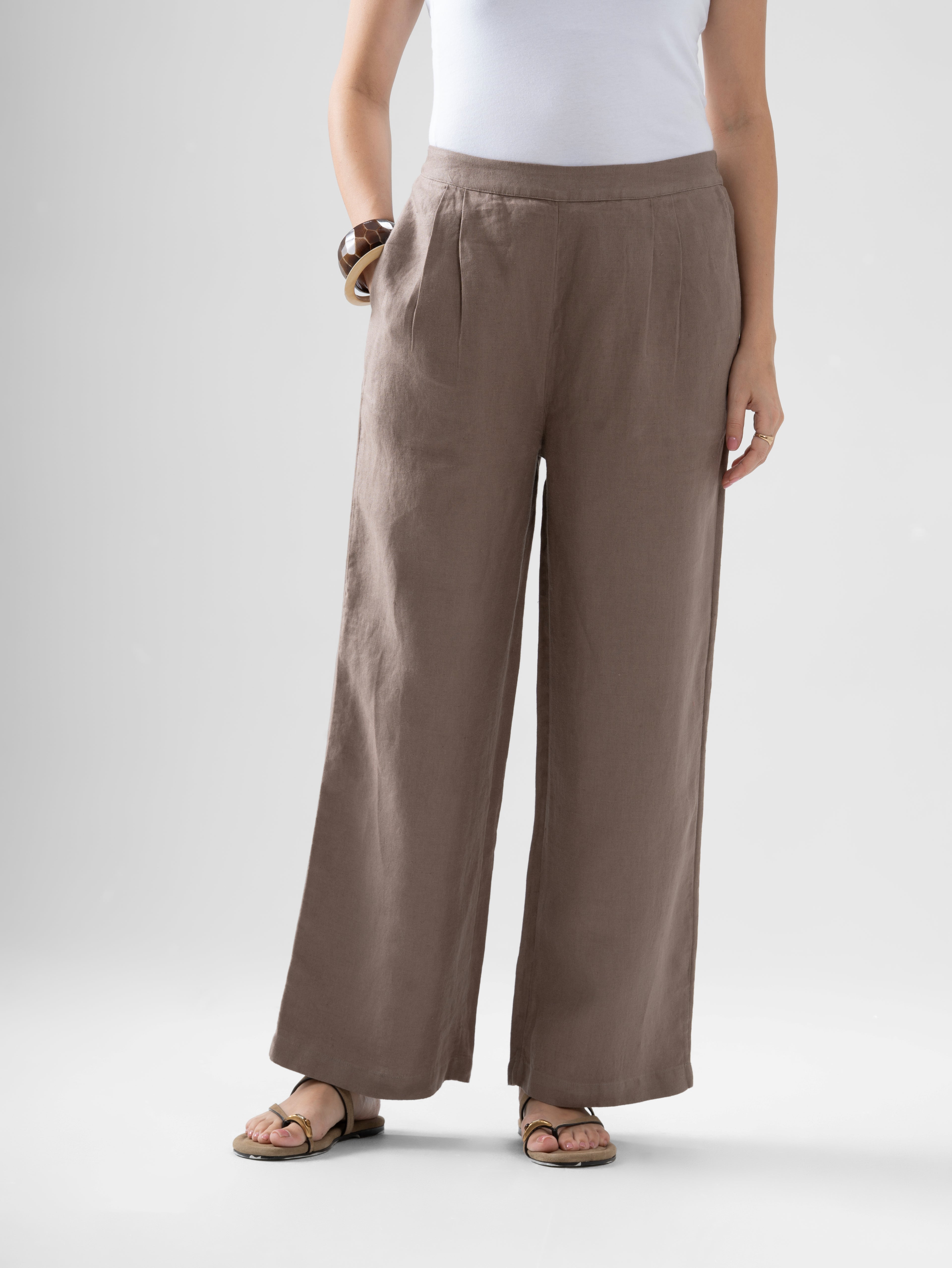 100% European Linen Relaxed Fit Wide Leg Trousers - Brown