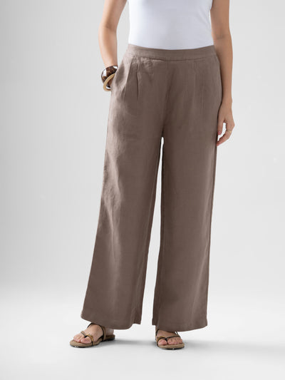 100% European Linen Relaxed Fit Wide Leg Trousers - Brown