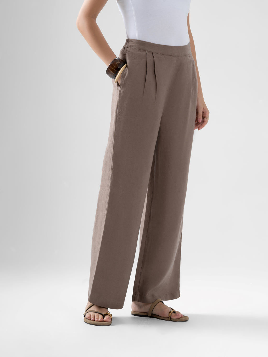 100% European Linen Relaxed Fit Wide Leg Trousers - Brown