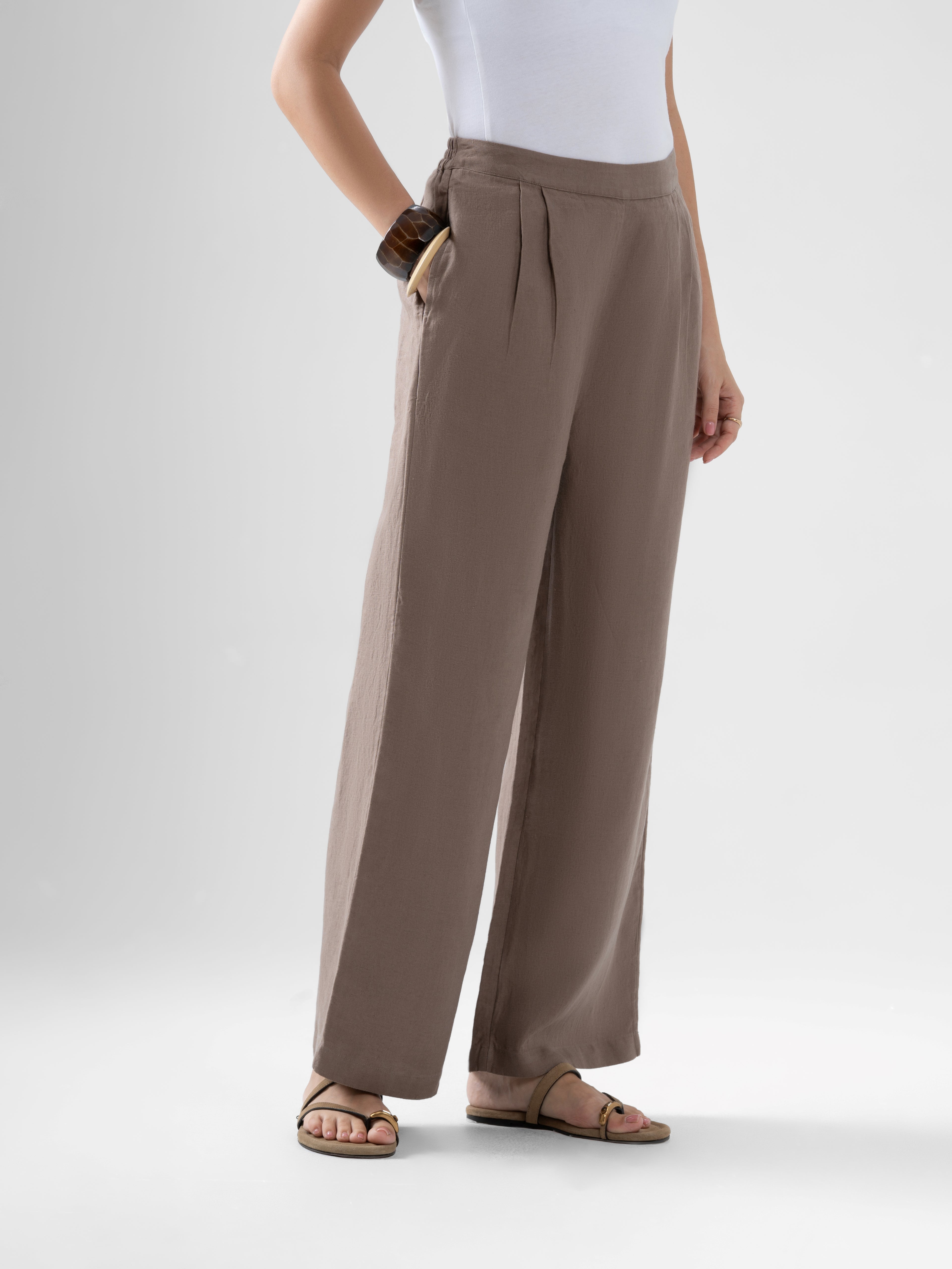 100% European Linen Relaxed Fit Wide Leg Trousers - Brown
