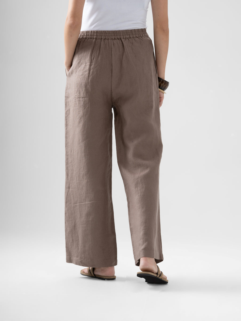 100% European Linen Relaxed Fit Wide Leg Trousers - Brown