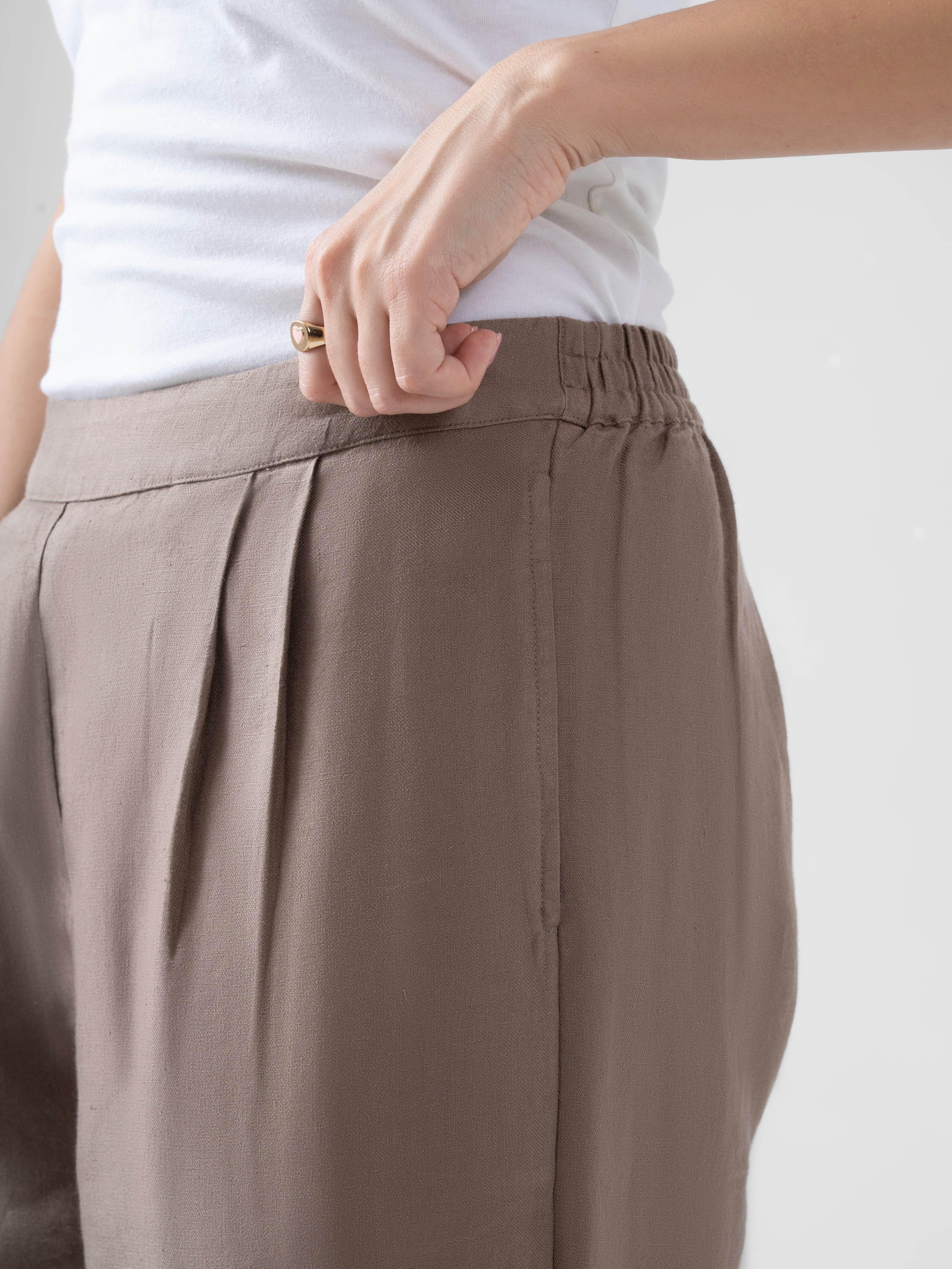 100% European Linen Relaxed Fit Wide Leg Trousers - Brown