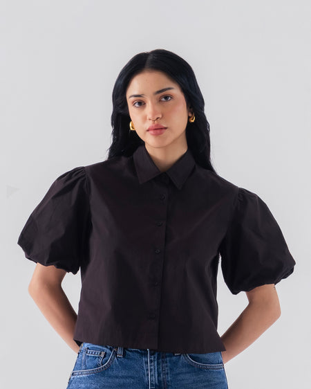 100% Cotton Poplin Puff-Sleeve Cropped Shirt - Black