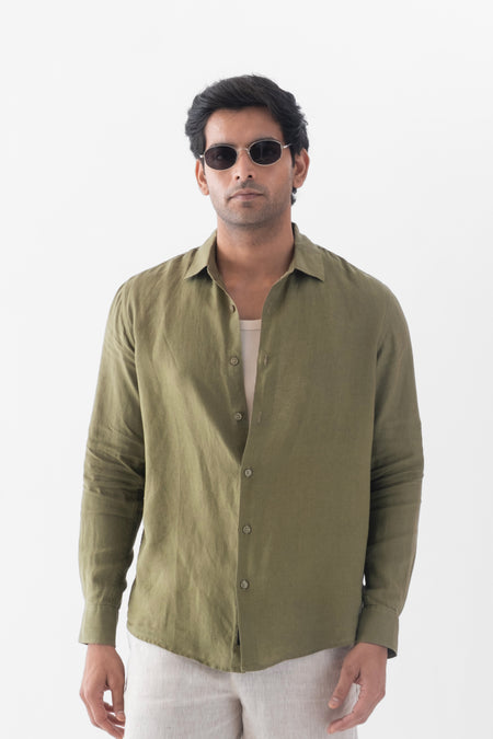 100% European Linen Classic Everyday Shirt - Olive
