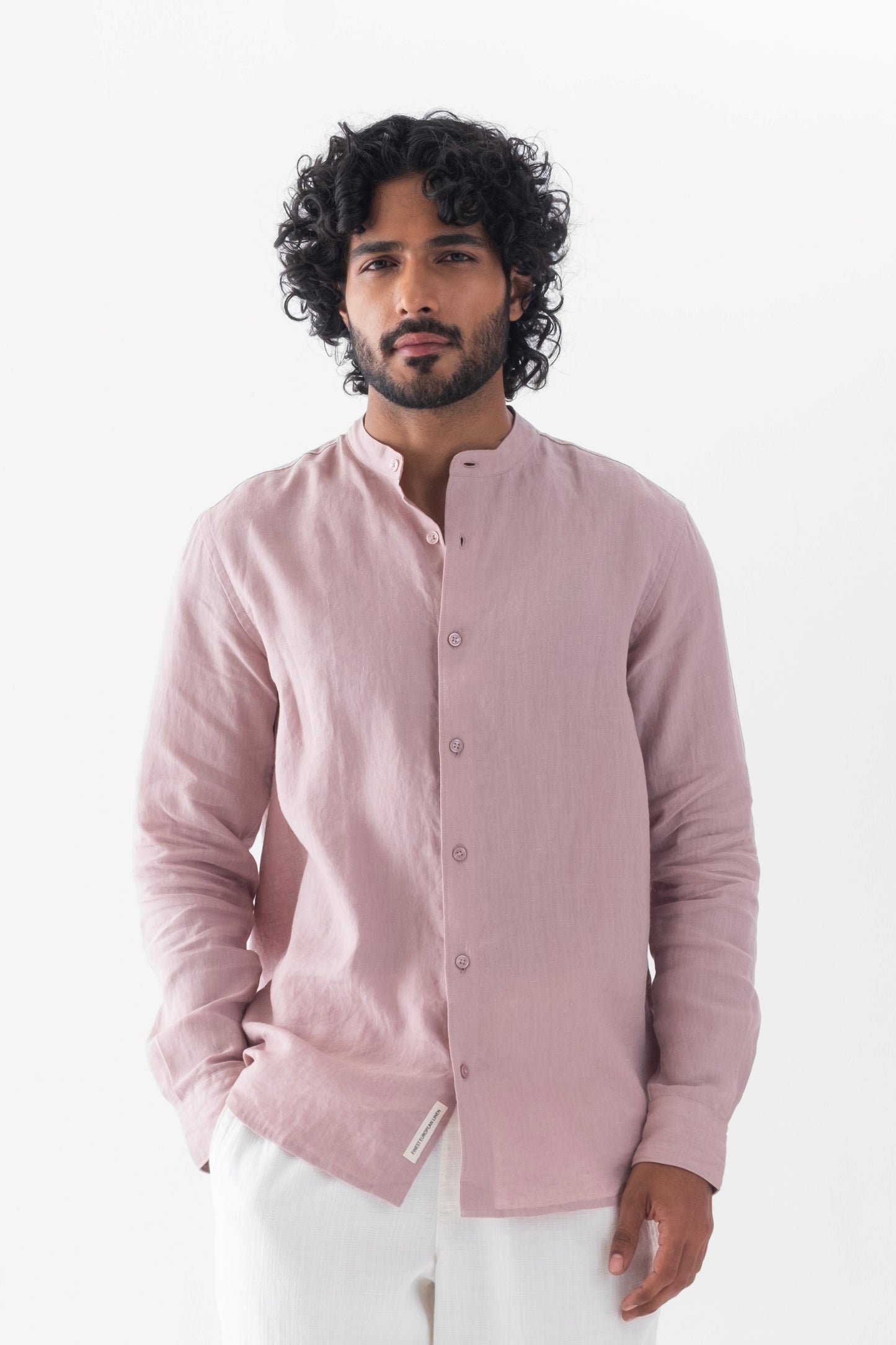 100% European Linen Mandarin Collar Shirt - Taupe
