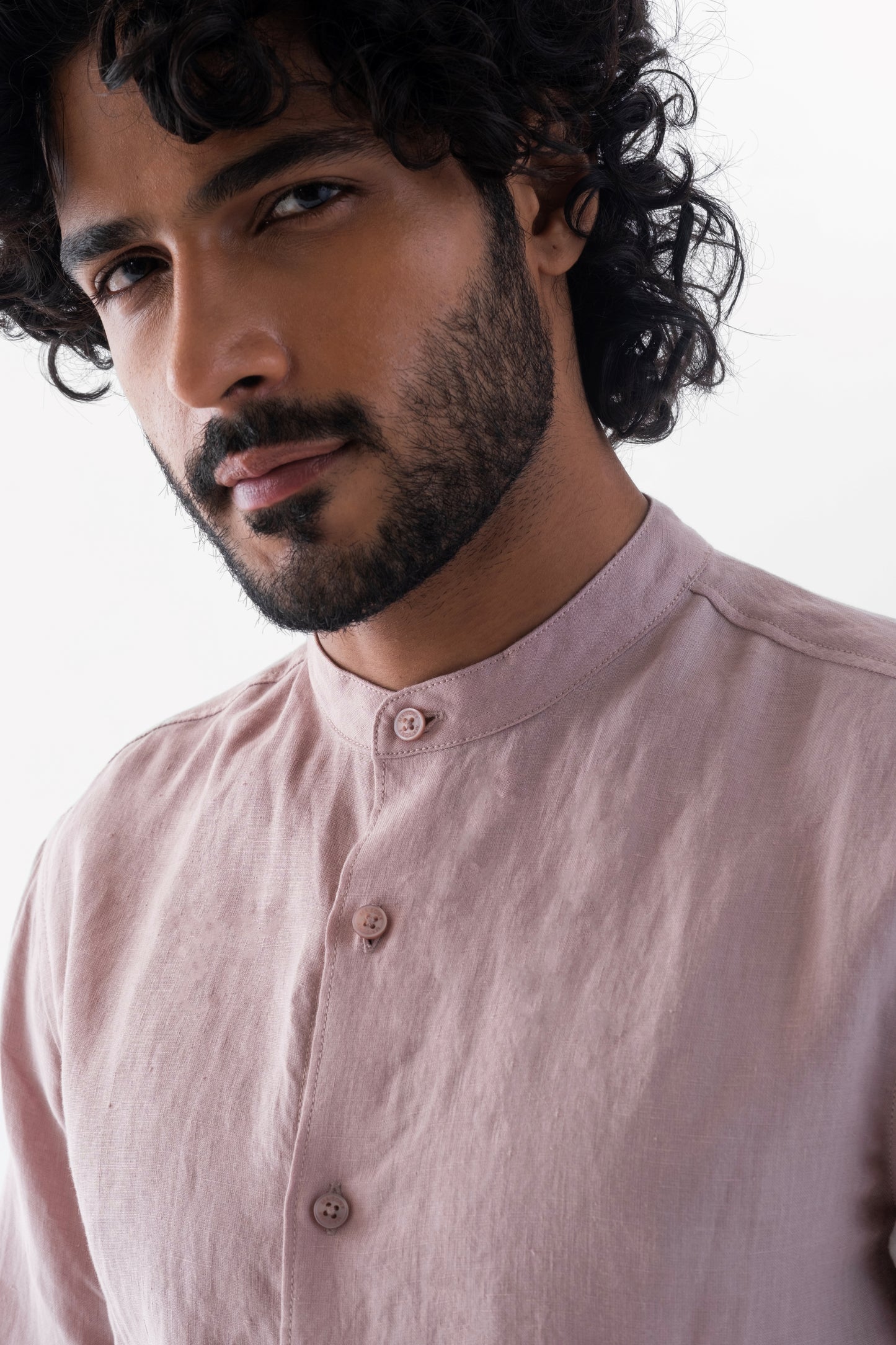 100% European Linen Mandarin Collar Shirt - Taupe