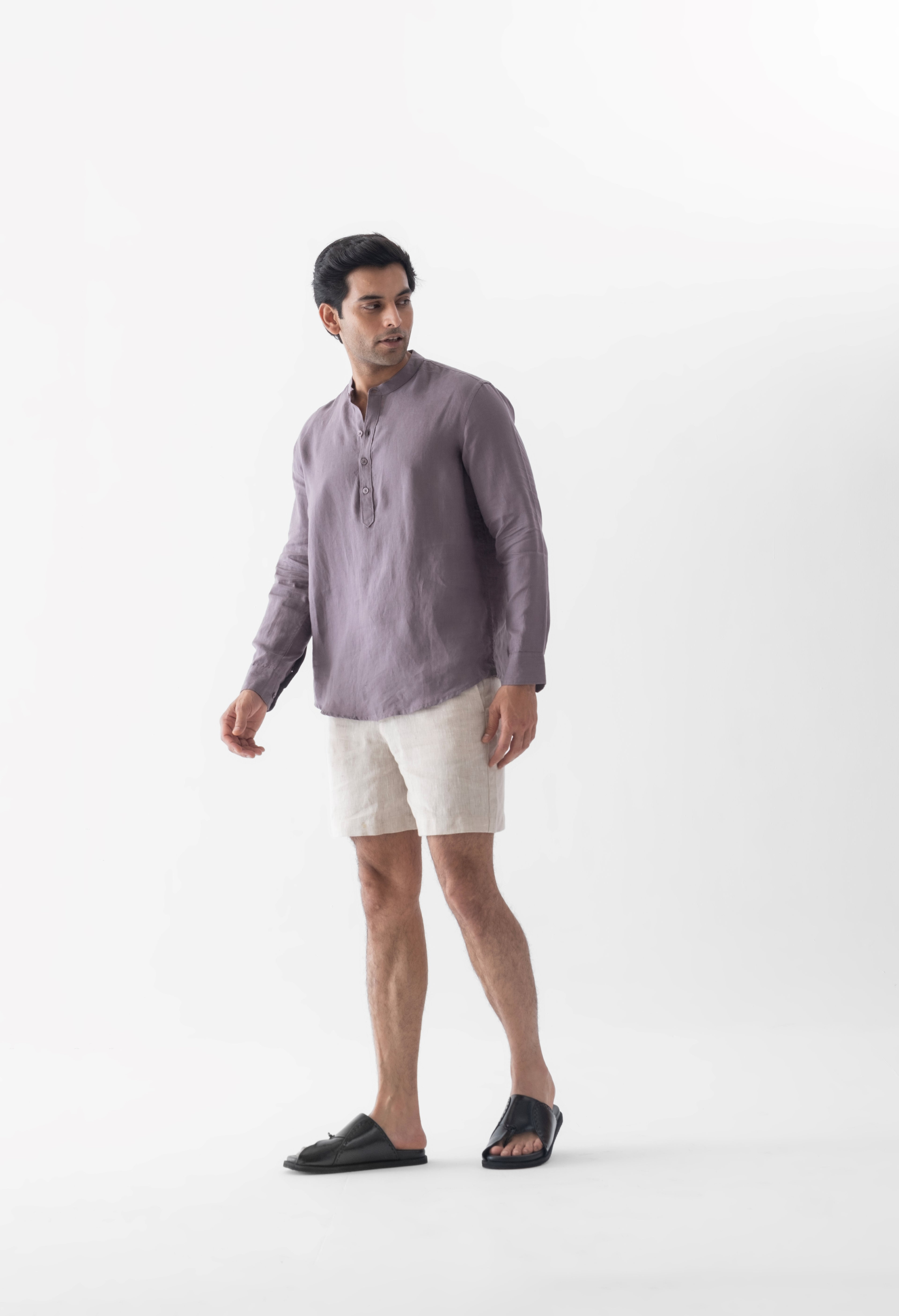 100% European Linen Mandarin Half Placket Shirt - Grape