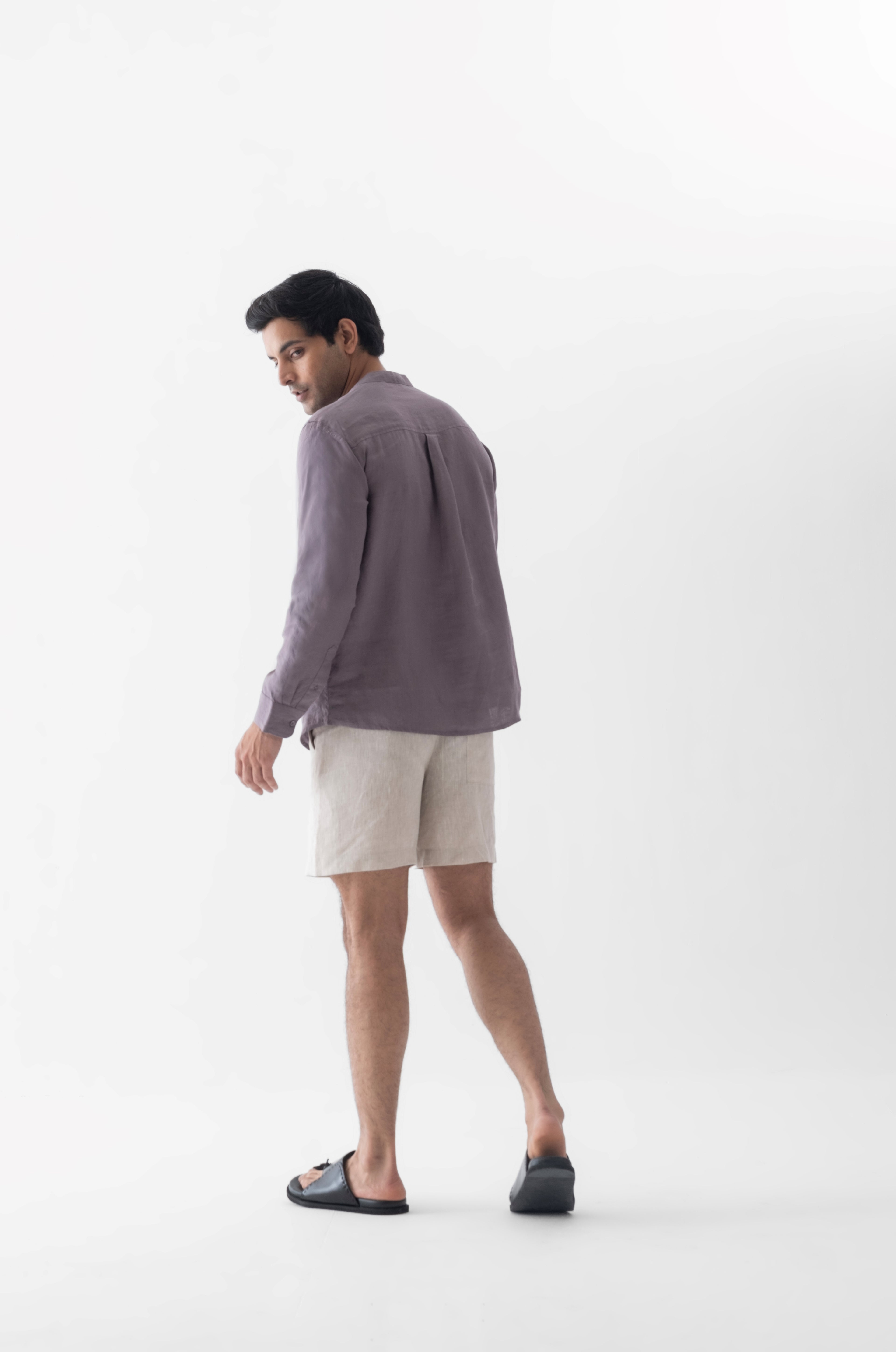 100% European Linen Mandarin Half Placket Shirt - Grape