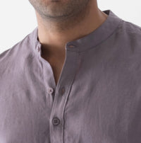 100% European Linen Mandarin Half Placket Shirt - Grape