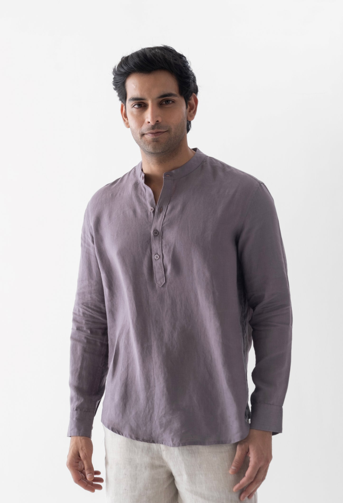 100% European Linen Mandarin Half Placket Shirt - Grape