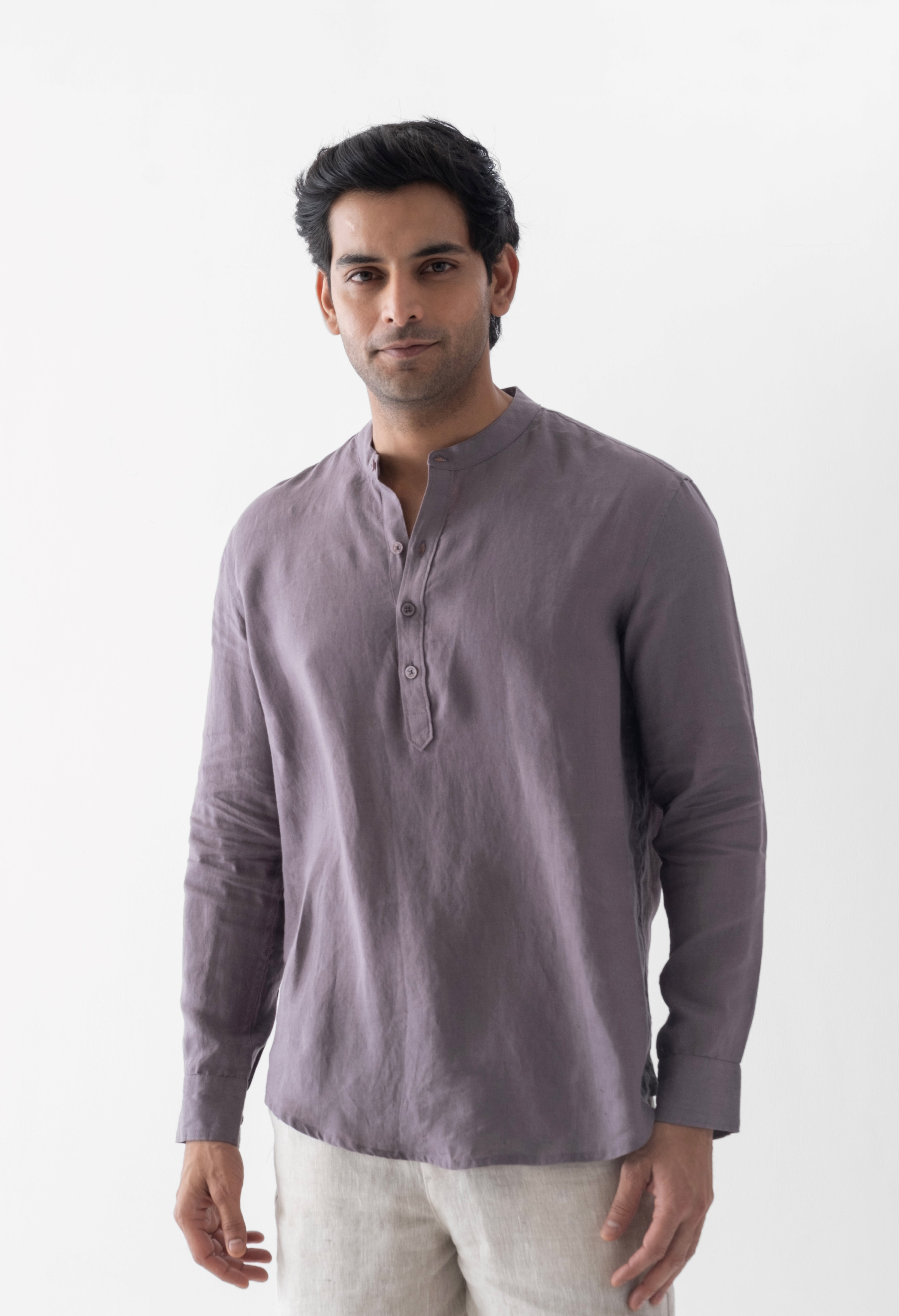 100% European Linen Mandarin Half Placket Shirt - Grape