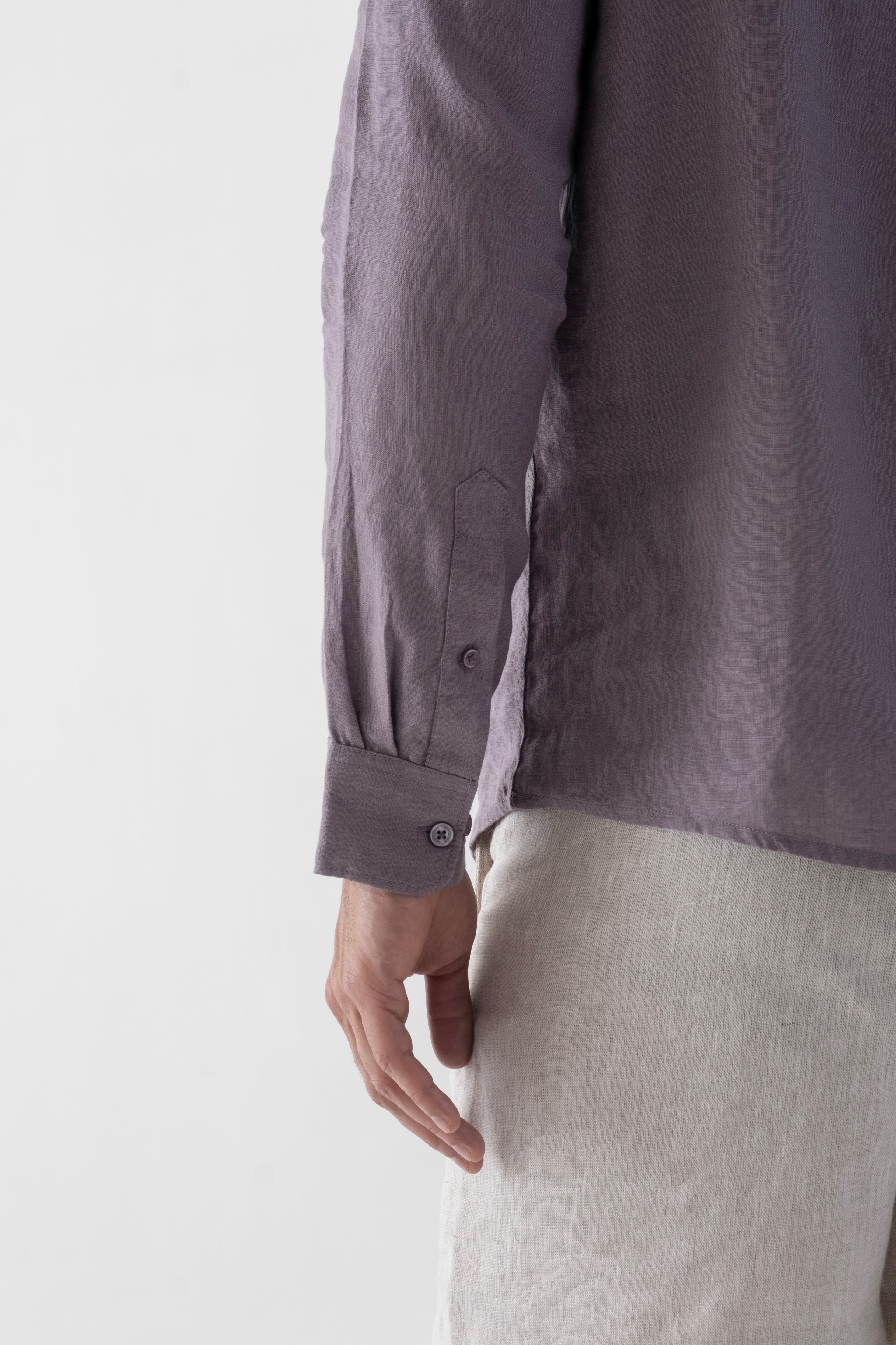 100% European Linen Mandarin Half Placket Shirt - Grape