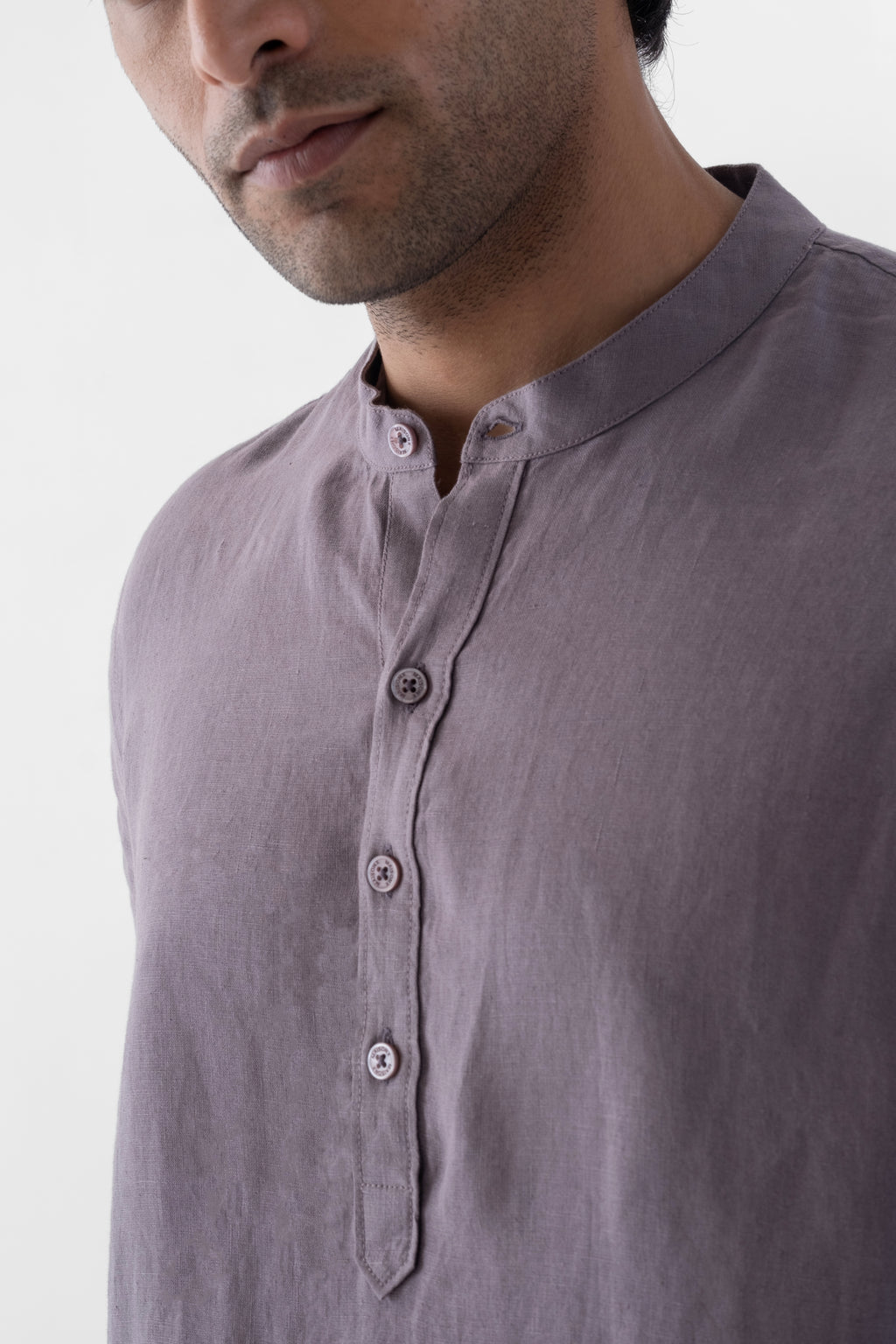 100% European Linen Mandarin Half Placket Shirt - Grape