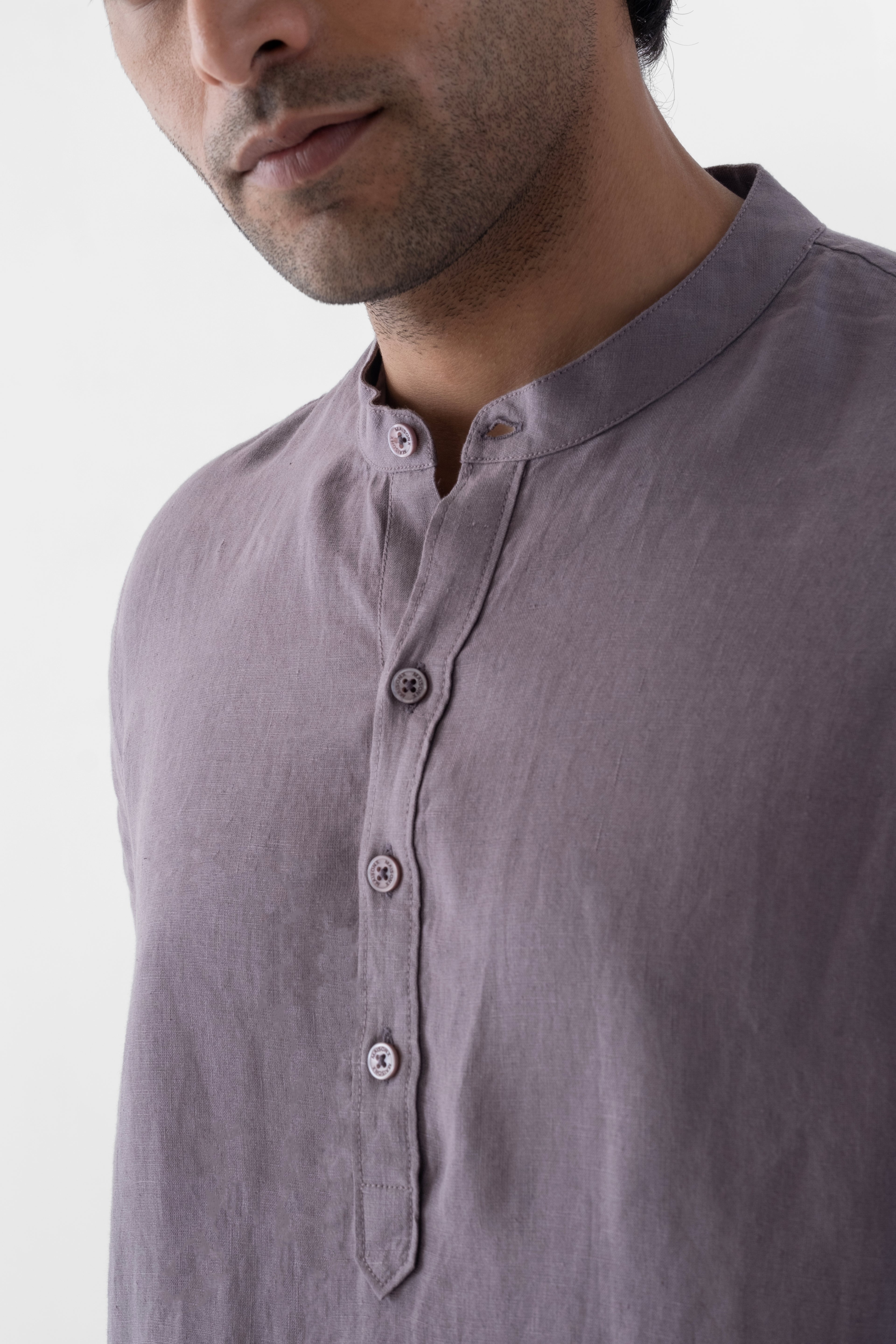 100% European Linen Mandarin Half Placket Shirt - Grape