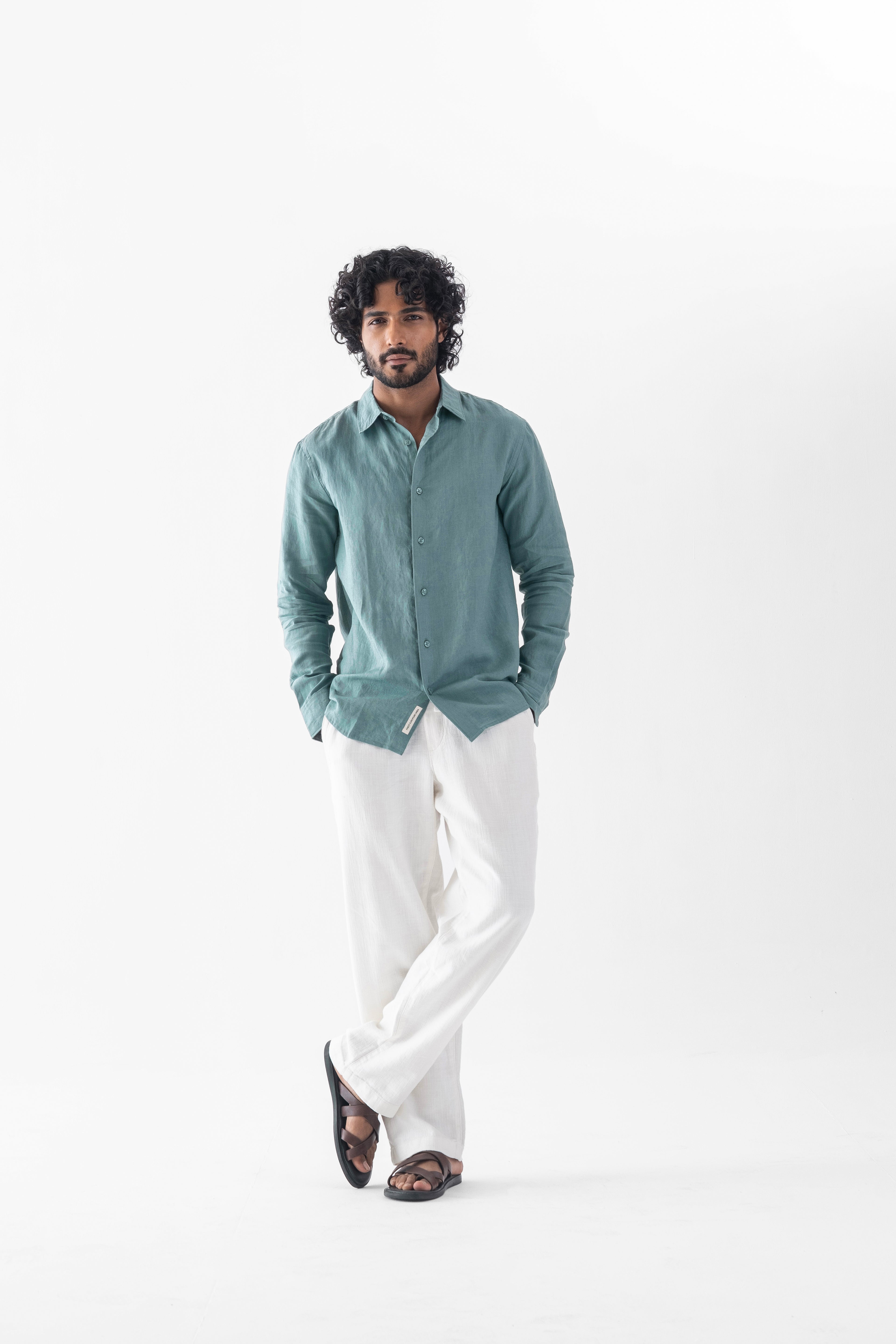 100% European Linen Classic Everyday Shirt - Dark Mint