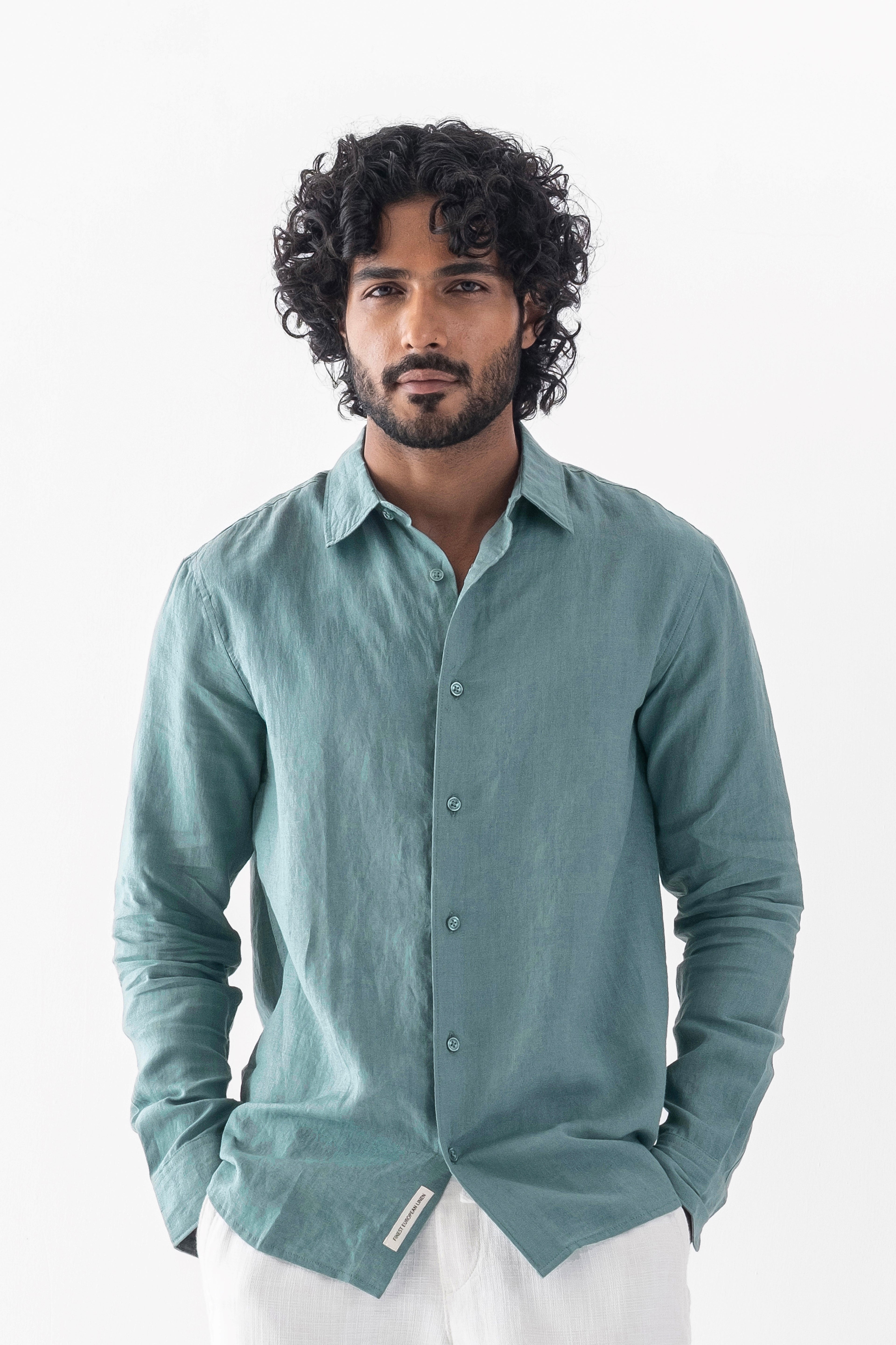 100% European Linen Classic Everyday Shirt - Dark Mint