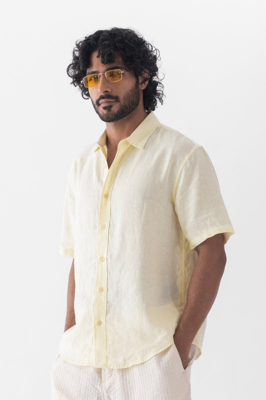 100% European Linen Relaxed Short Sleeve Shirt - Butter Yellow