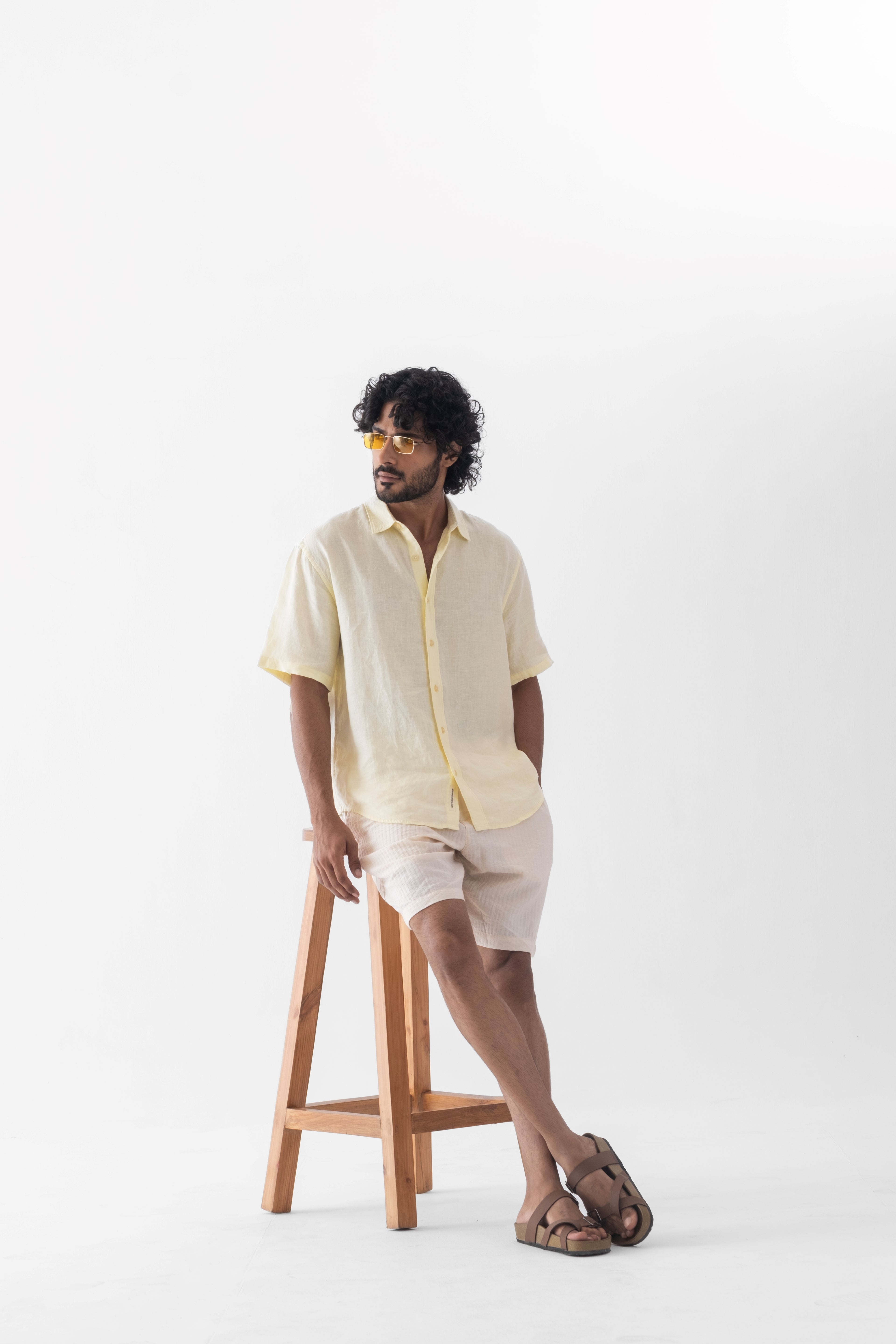 100% European Linen Relaxed Short Sleeve Shirt - Butter Yellow