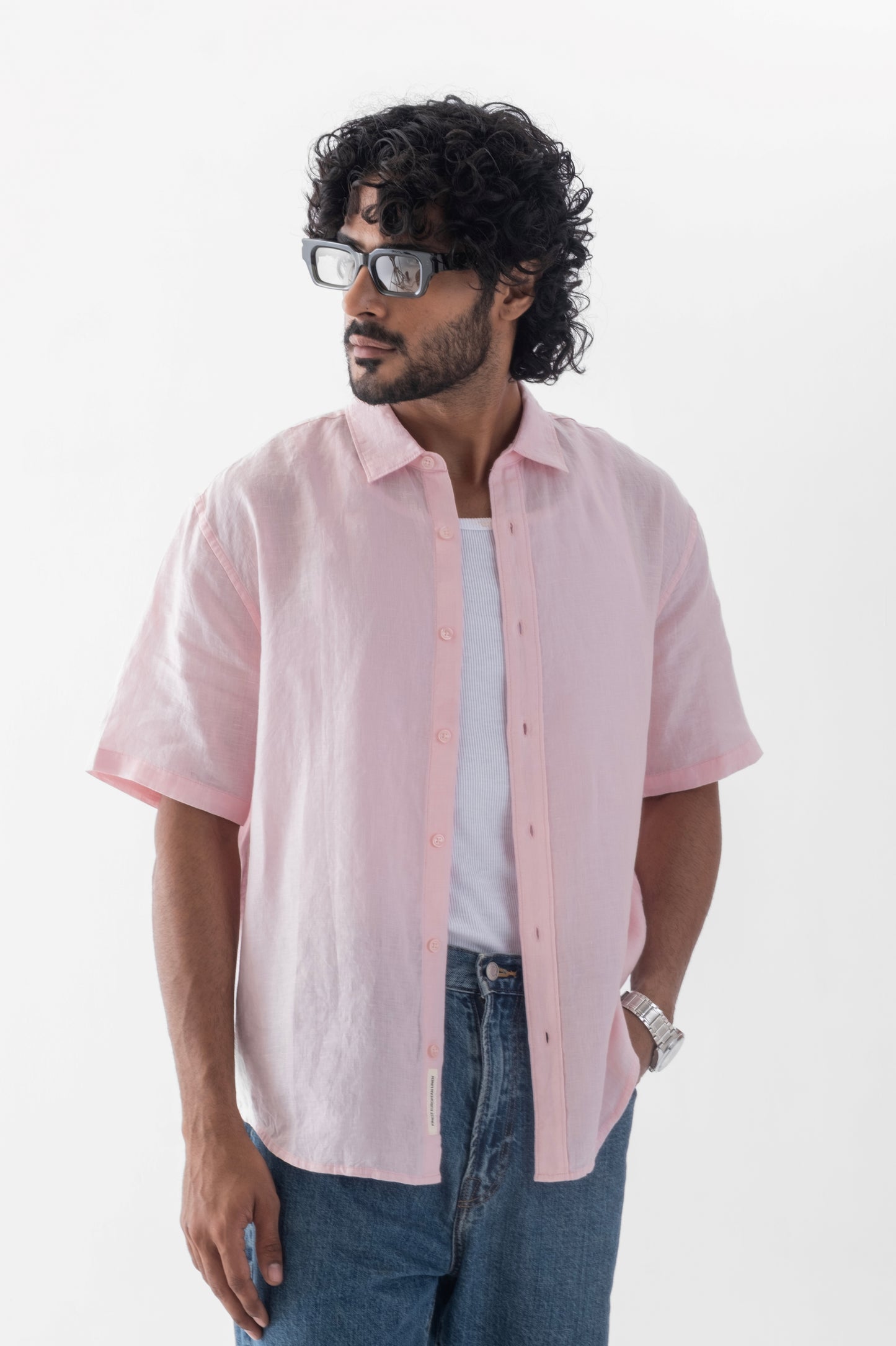 100% European Linen Relaxed Short Sleeve Shirt - Light Pink