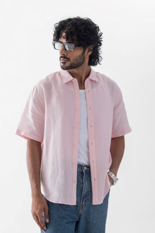 100% European Linen Relaxed Short Sleeve Shirt - Light Pink