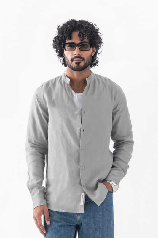 100% European Linen Mandarin Collar Shirt - Sage Green