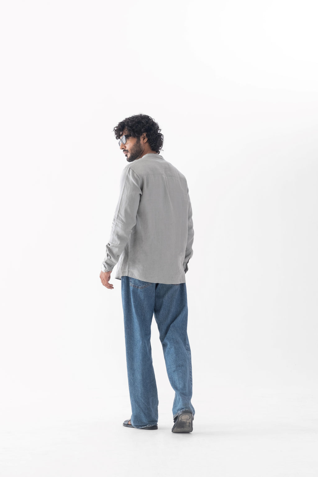 100% European Linen Mandarin Collar Shirt - Sage Green