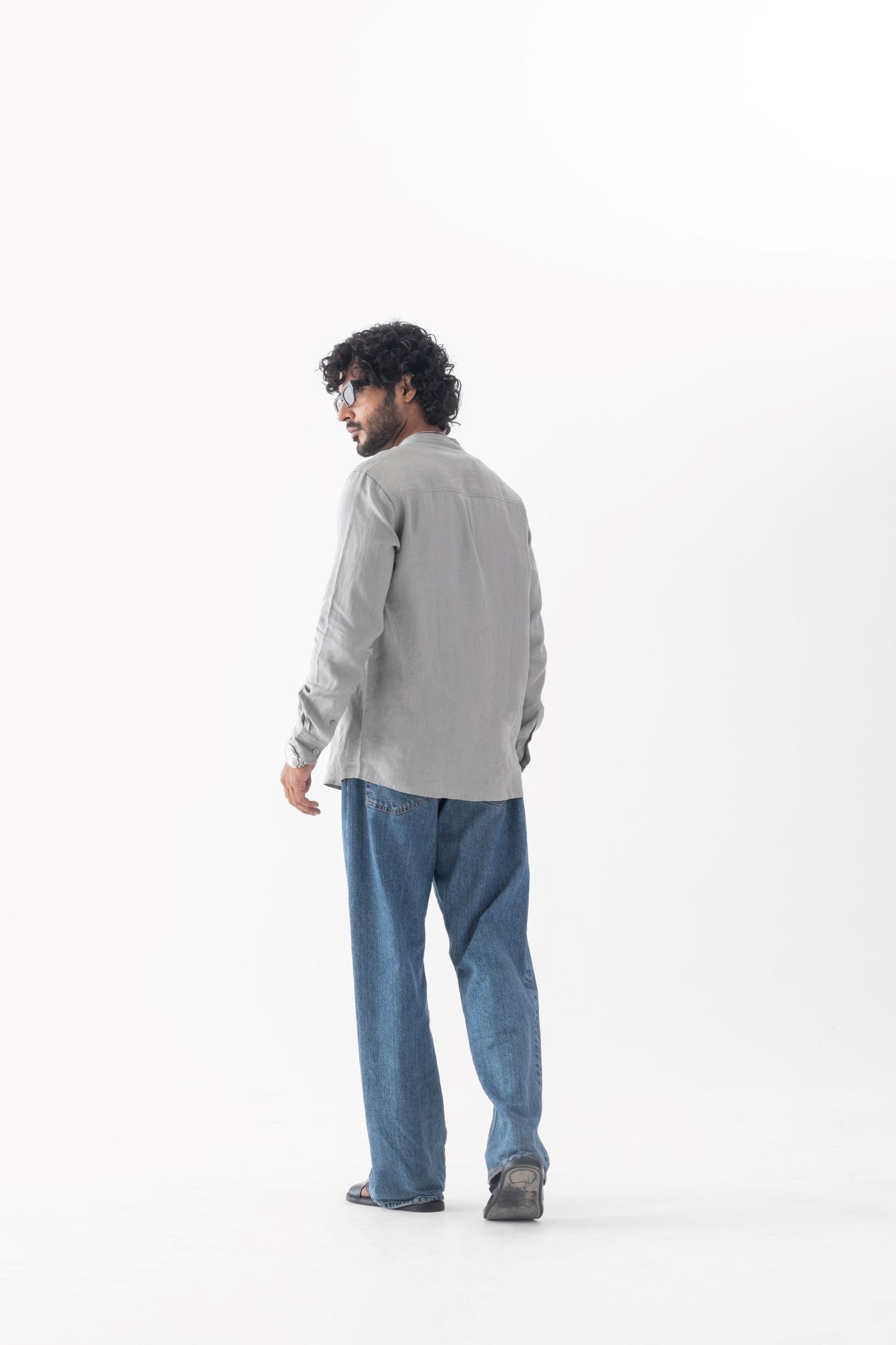 100% European Linen Mandarin Collar Shirt - Sage Green