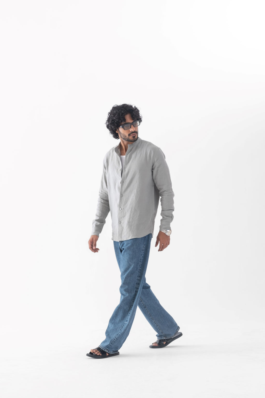 100% European Linen Mandarin Collar Shirt - Sage Green