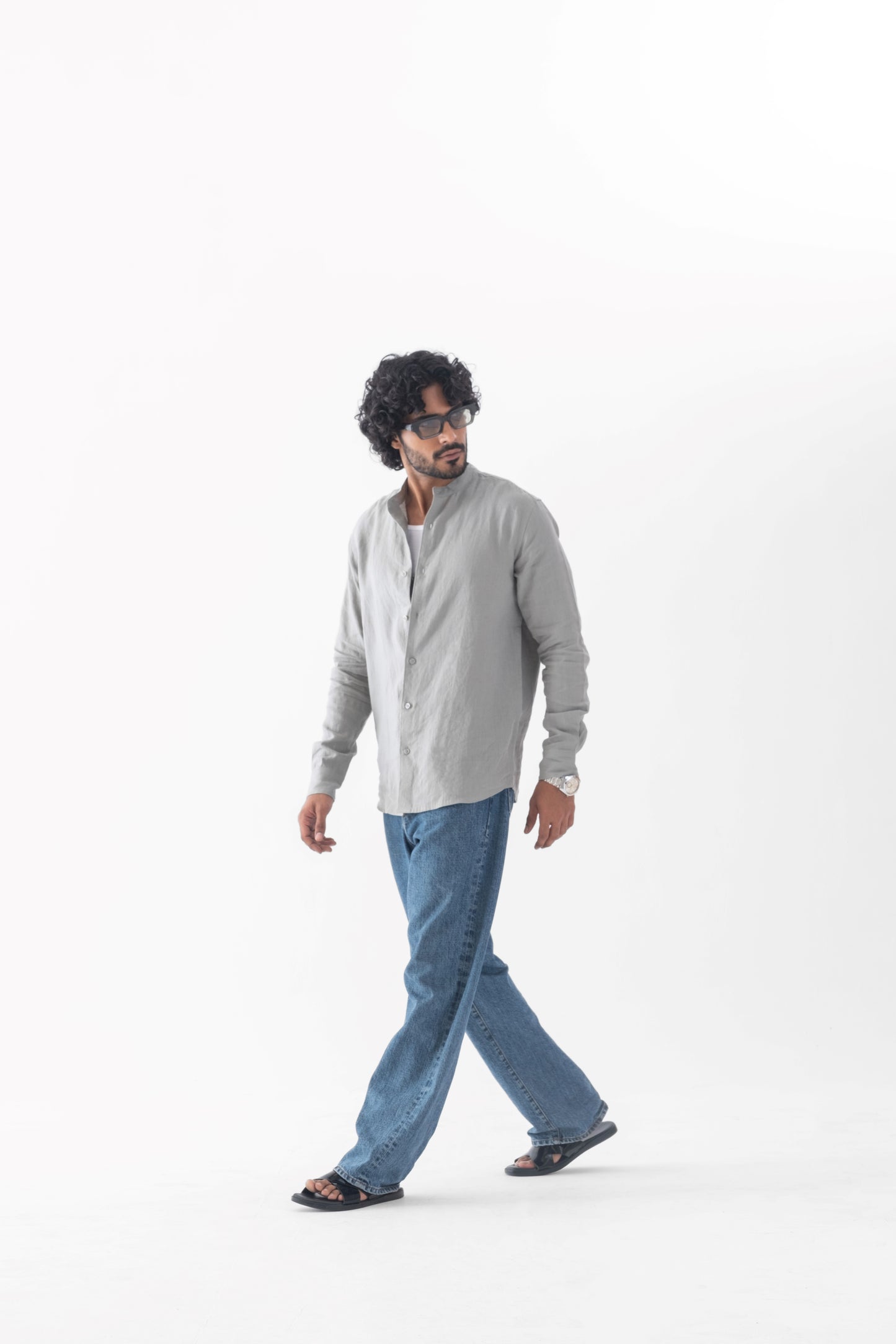 100% European Linen Mandarin Collar Shirt - Sage Green