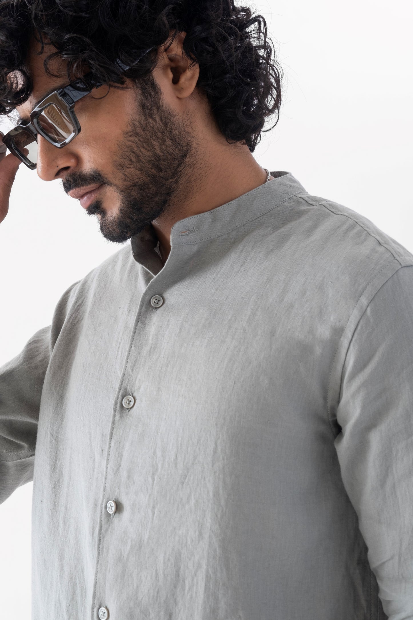 100% European Linen Mandarin Collar Shirt - Sage Green