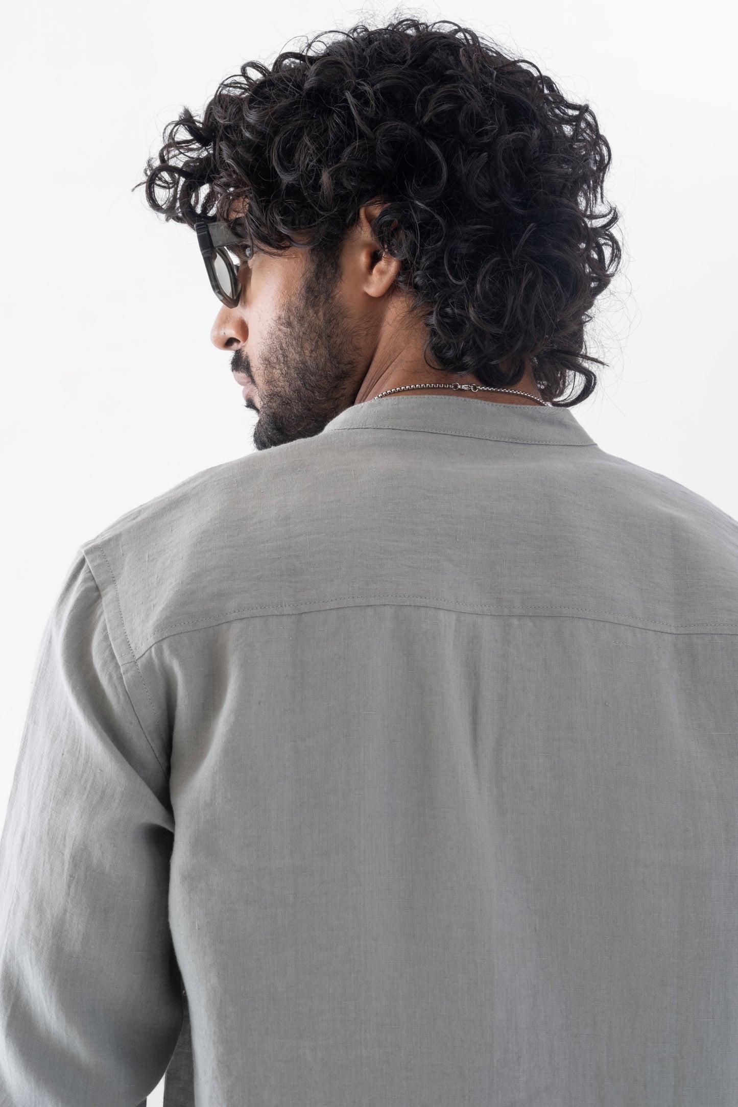 100% European Linen Mandarin Collar Shirt - Sage Green