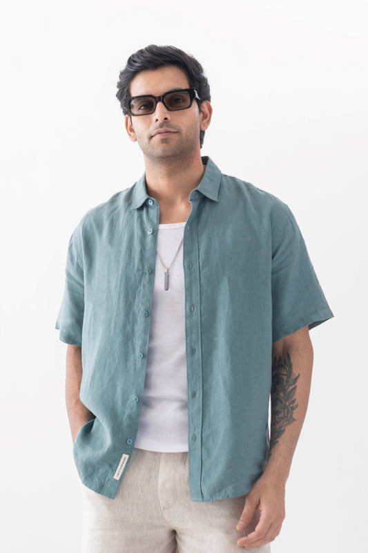 100% European Linen Relaxed Short Sleeve Shirt - Dark Mint