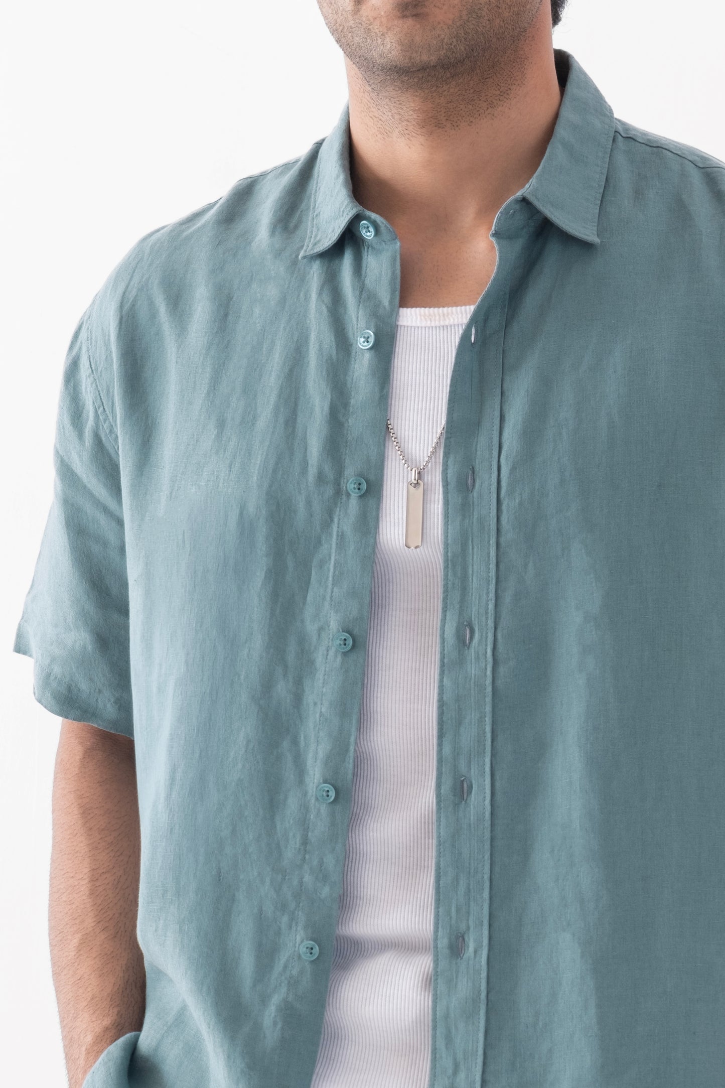100% European Linen Relaxed Short Sleeve Shirt - Dark Mint