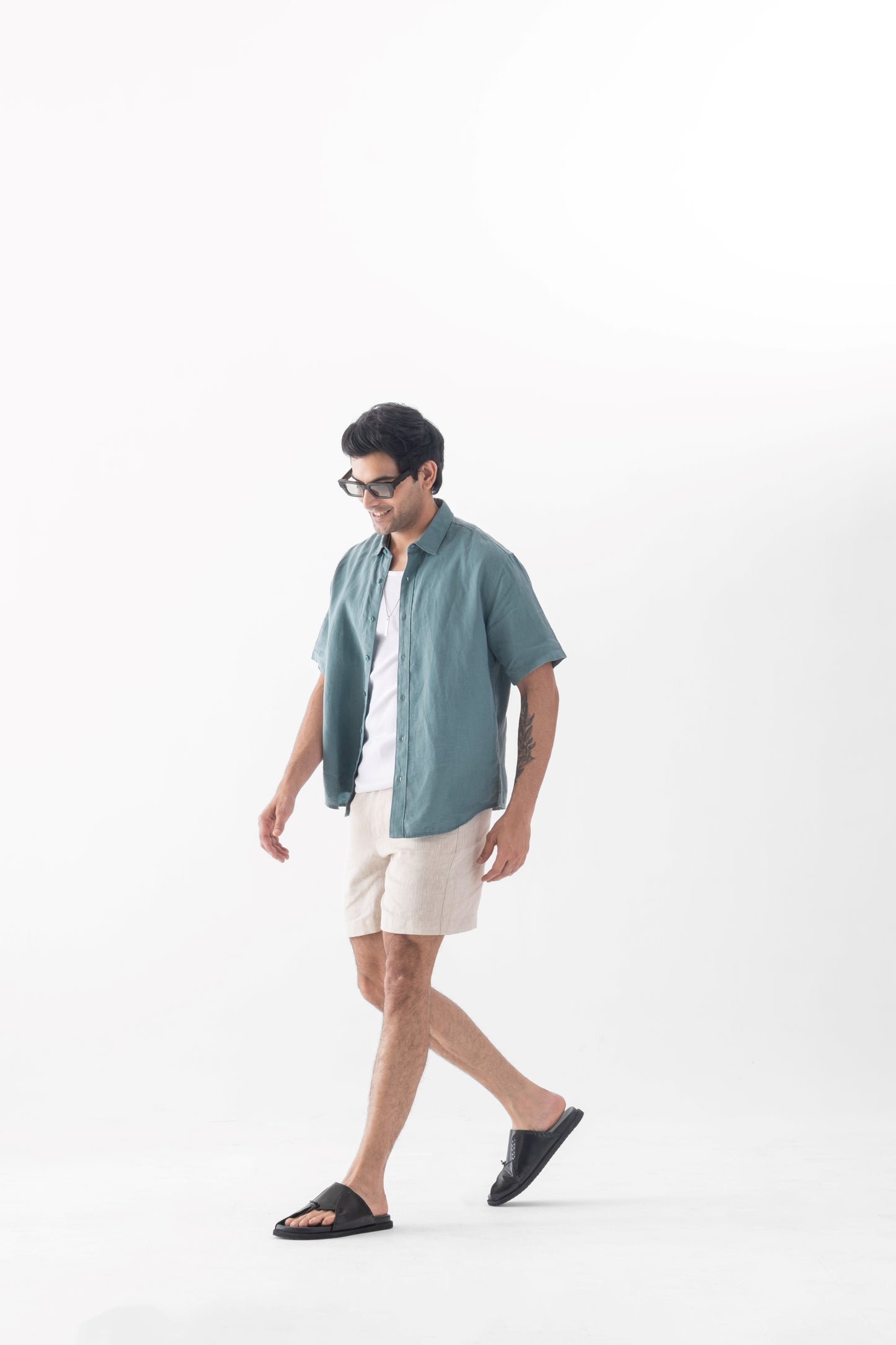 100% European Linen Relaxed Short Sleeve Shirt - Dark Mint