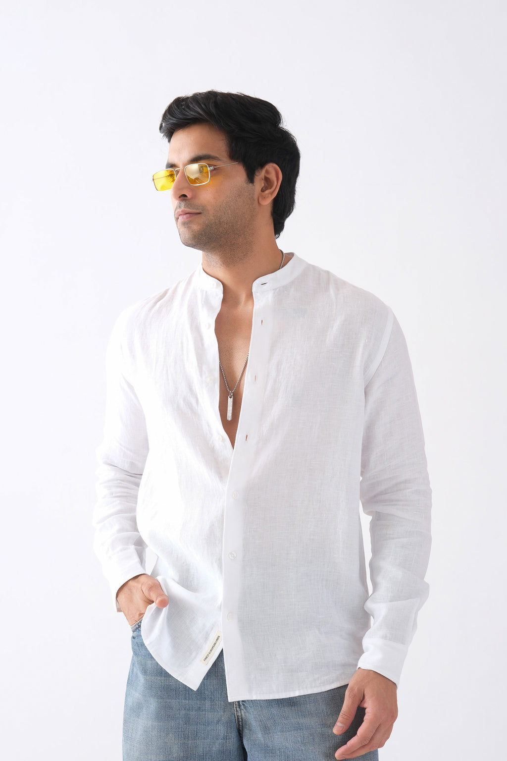 100% European Linen Mandarin Collar Shirt - White
