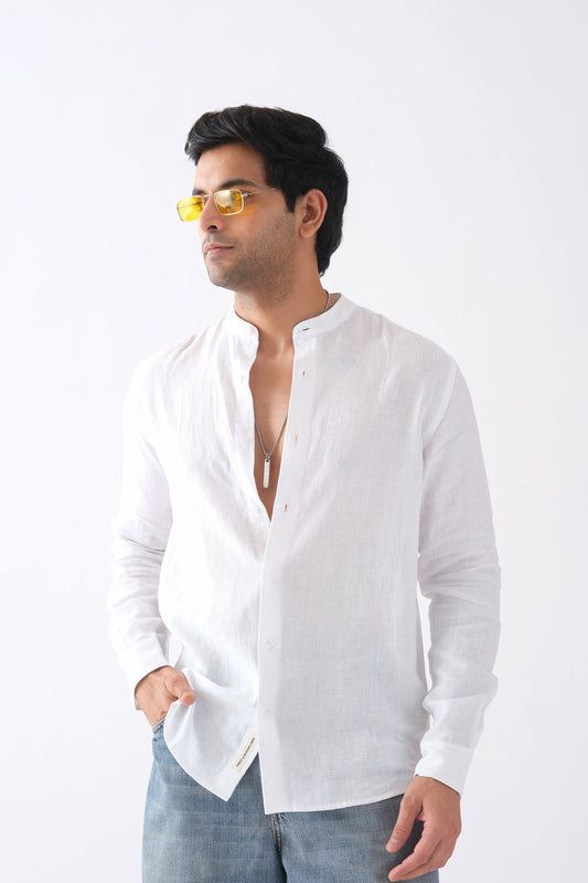 100% European Linen Mandarin Collar Shirt - White