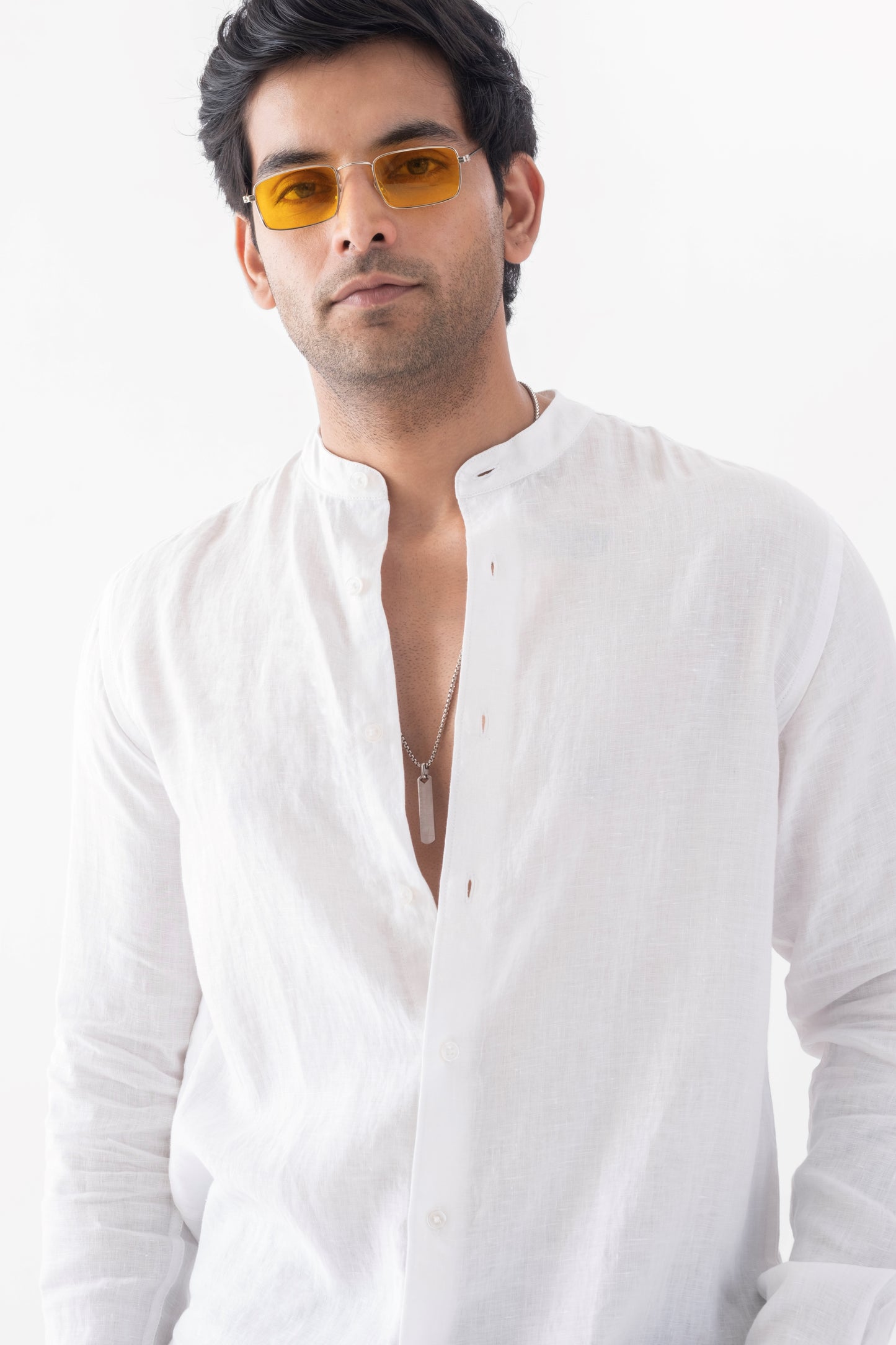 100% European Linen Mandarin Collar Shirt - White