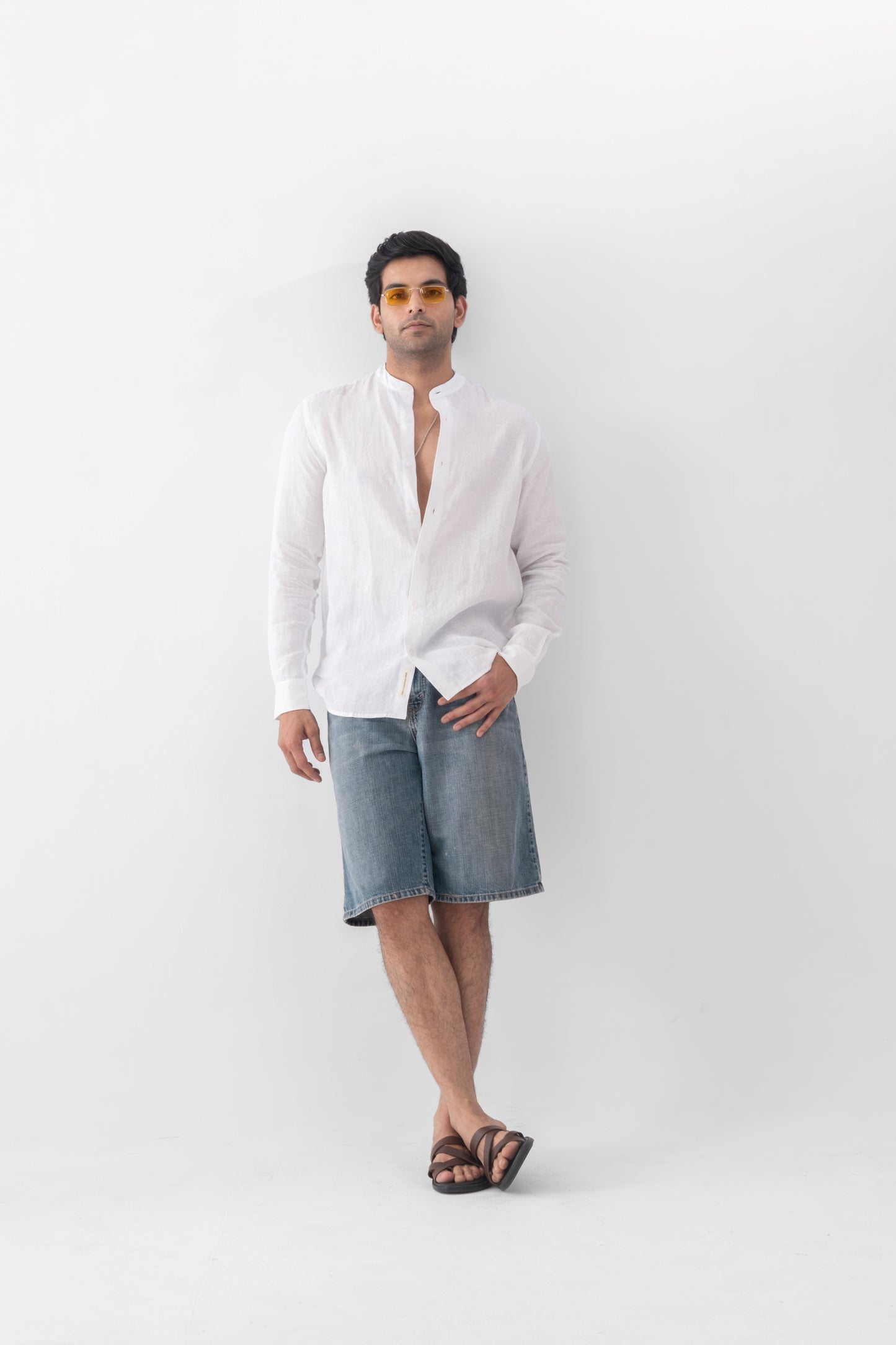 100% European Linen Mandarin Collar Shirt - White