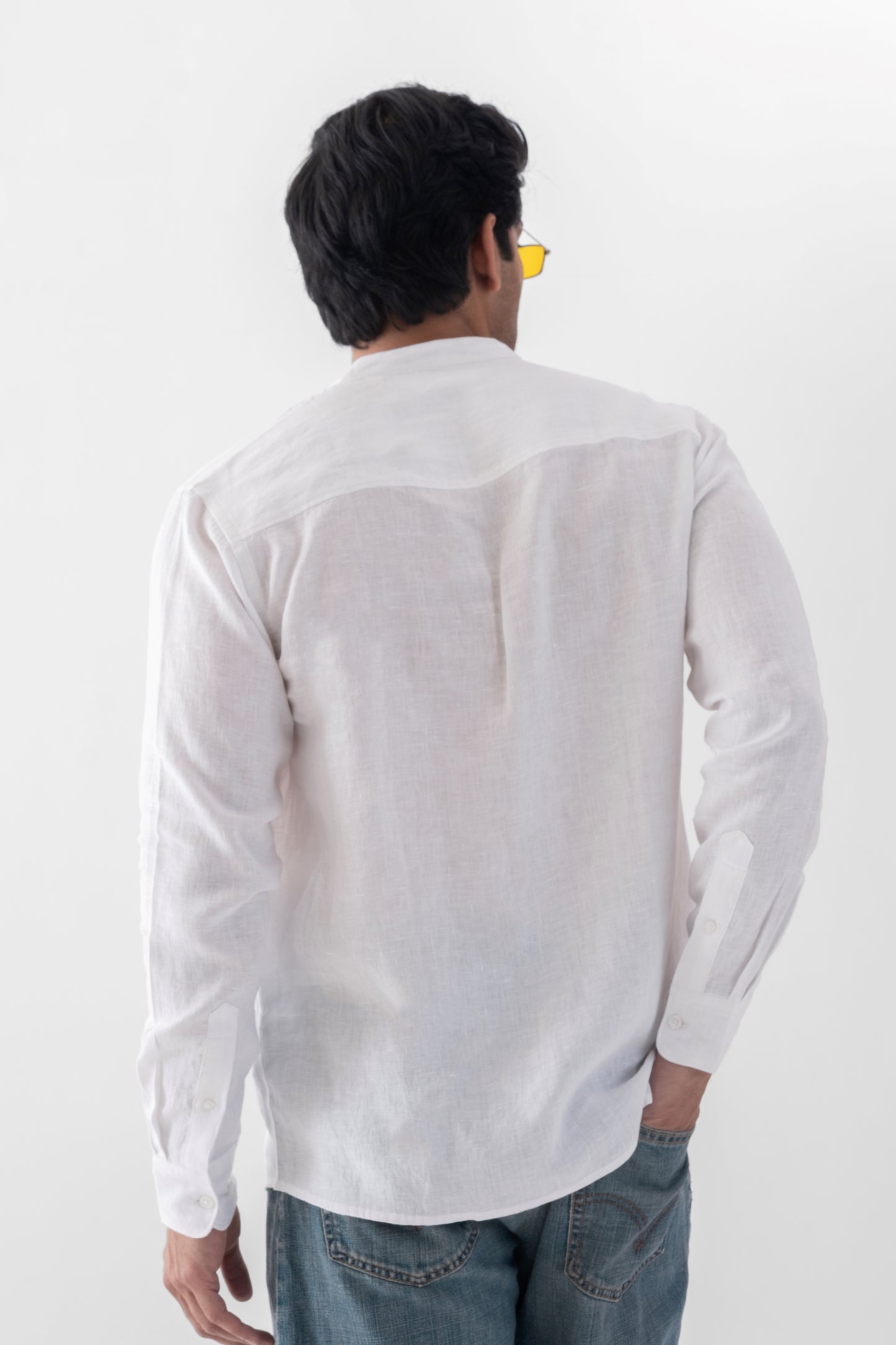 100% European Linen Mandarin Collar Shirt - White