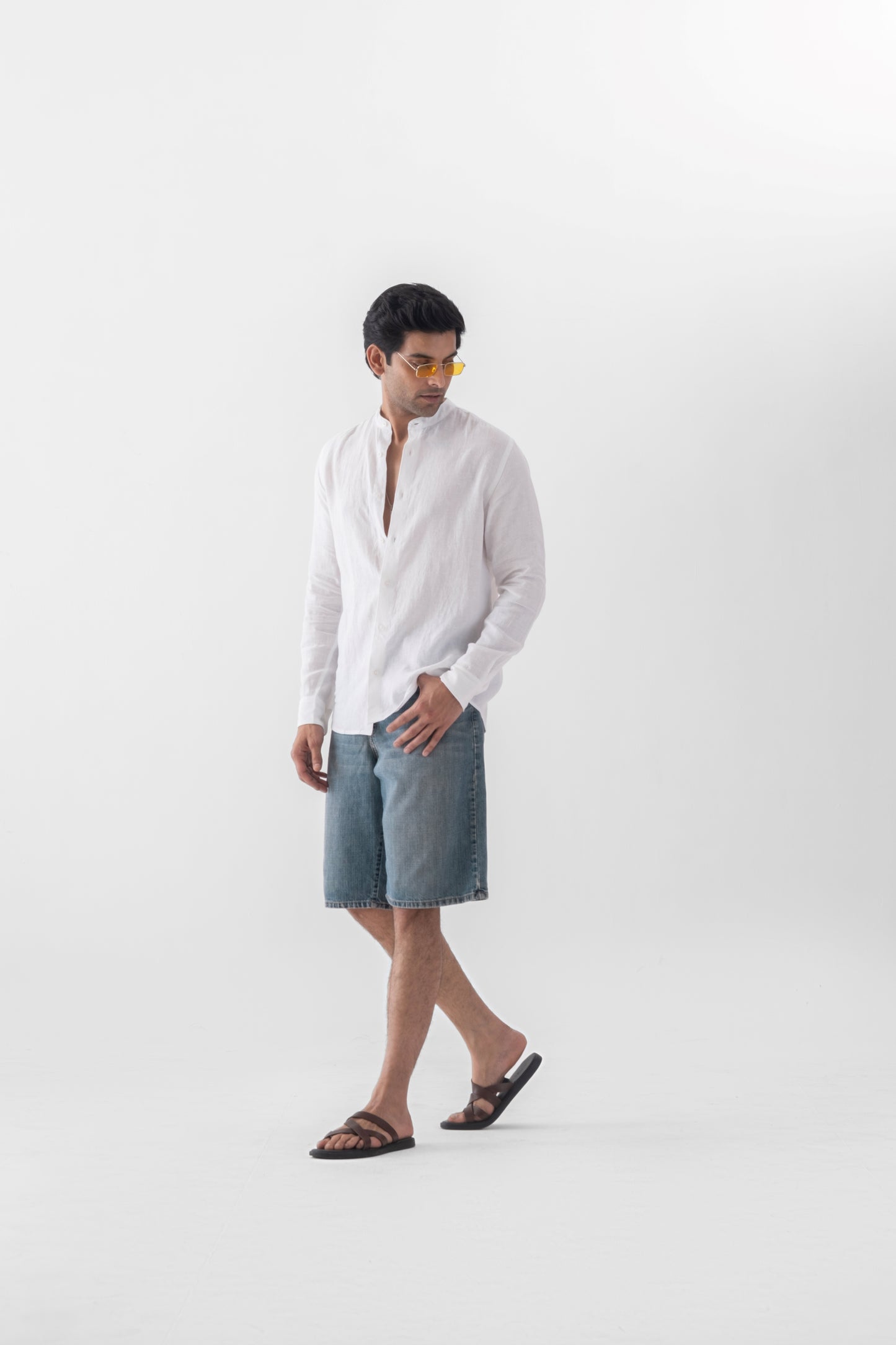 100% European Linen Mandarin Collar Shirt - White