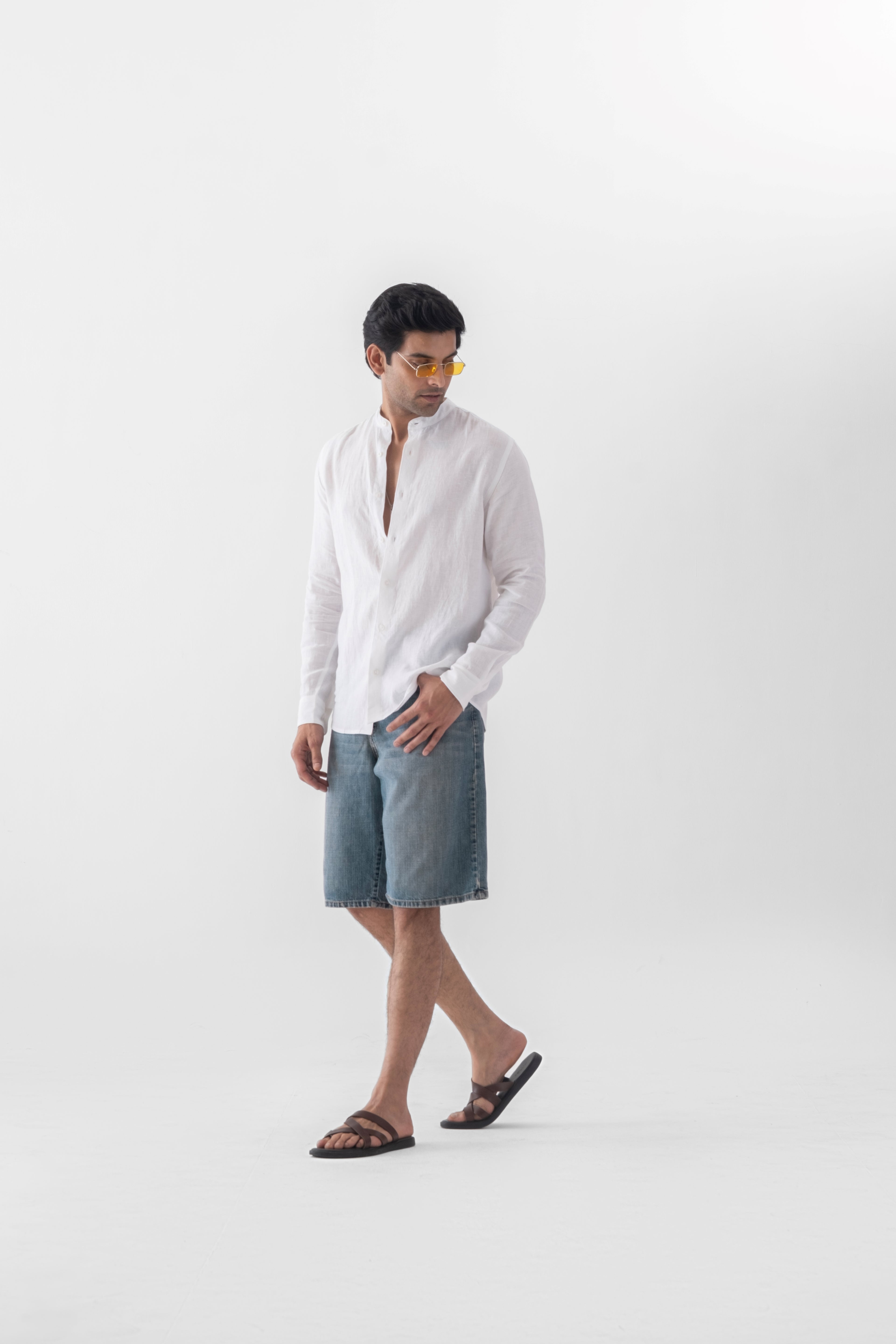 100% European Linen Mandarin Collar Shirt - White