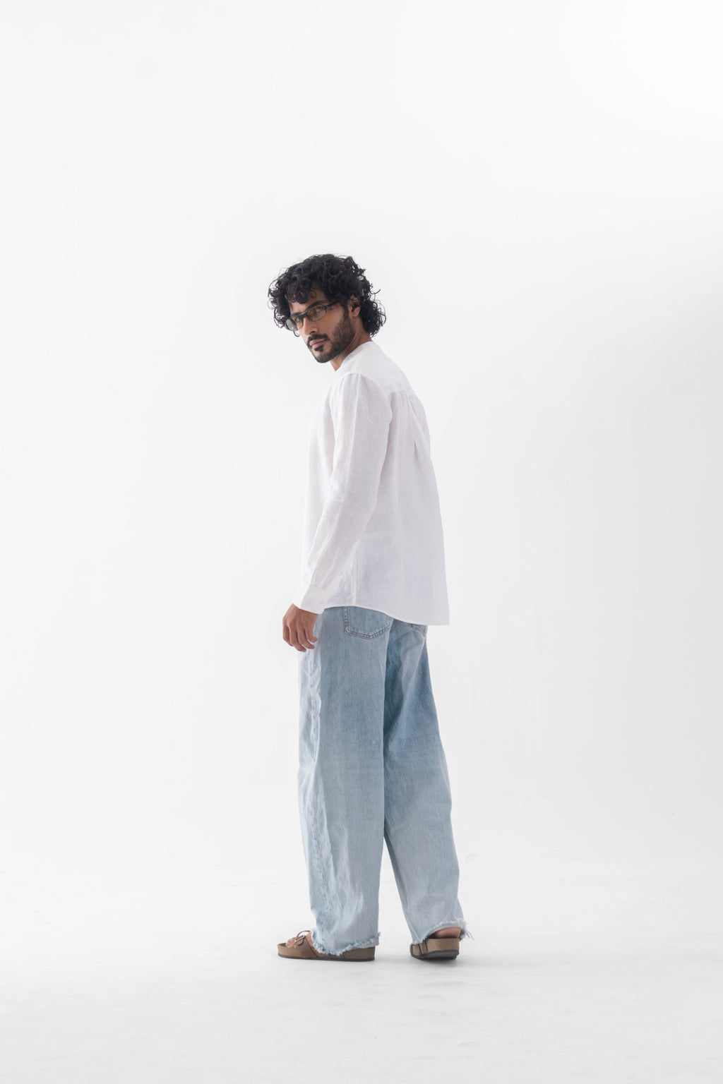 100% European Linen Mandarin Half Placket Shirt - White
