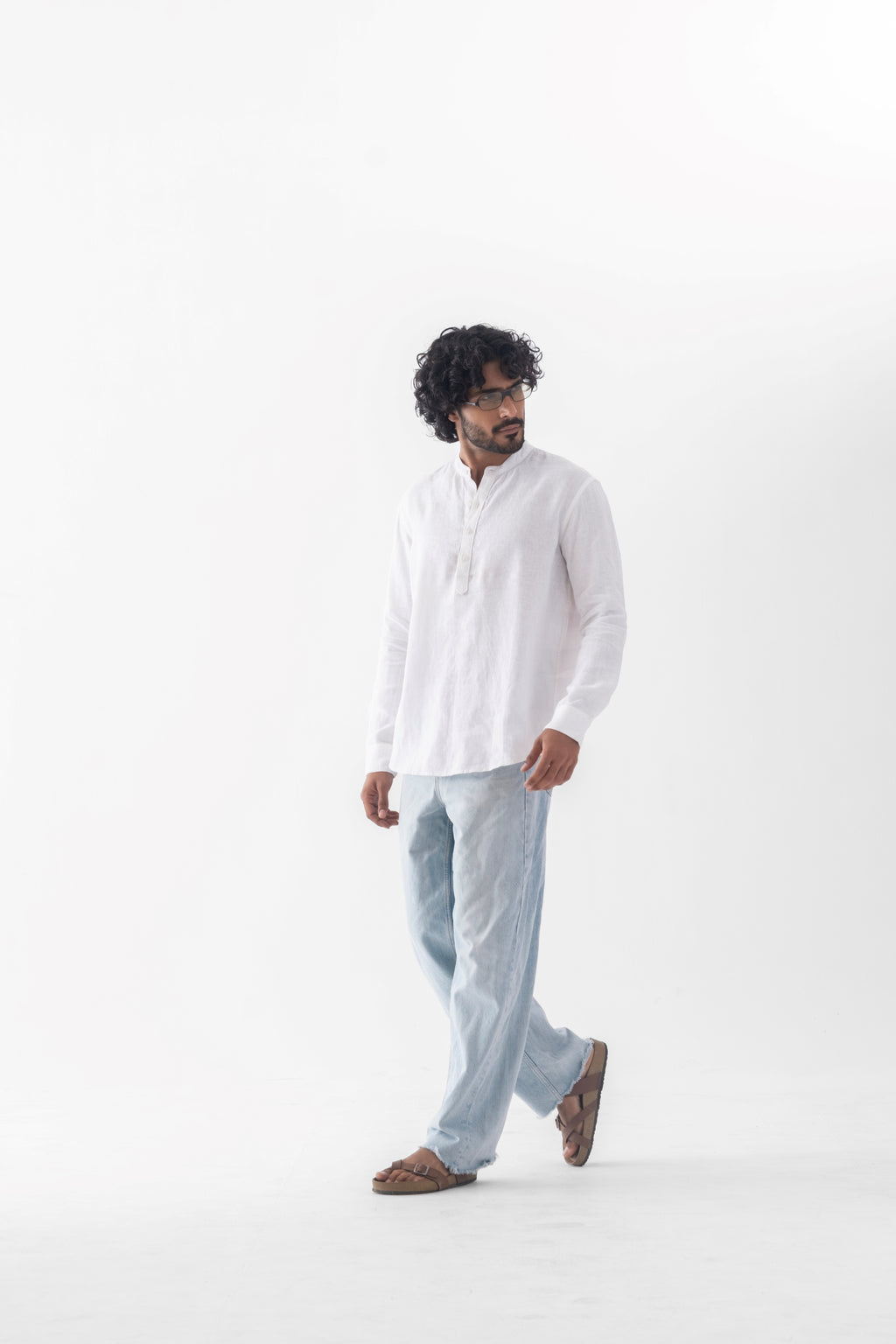 100% European Linen Mandarin Half Placket Shirt - White